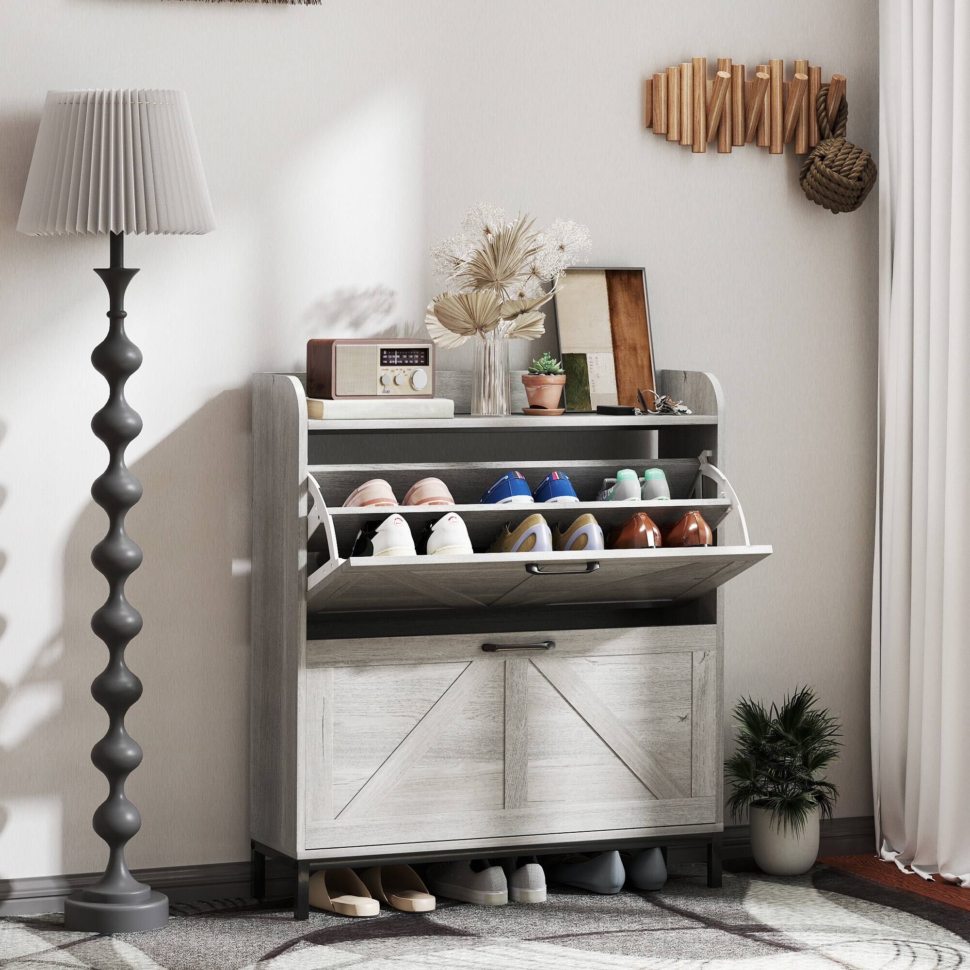 Alt View 1. Homcom - Shoe Storage Cabinet with 2 Flip Drawers, Freestanding Narrow Farmhouse Style for Entryway​ - Light Gray.