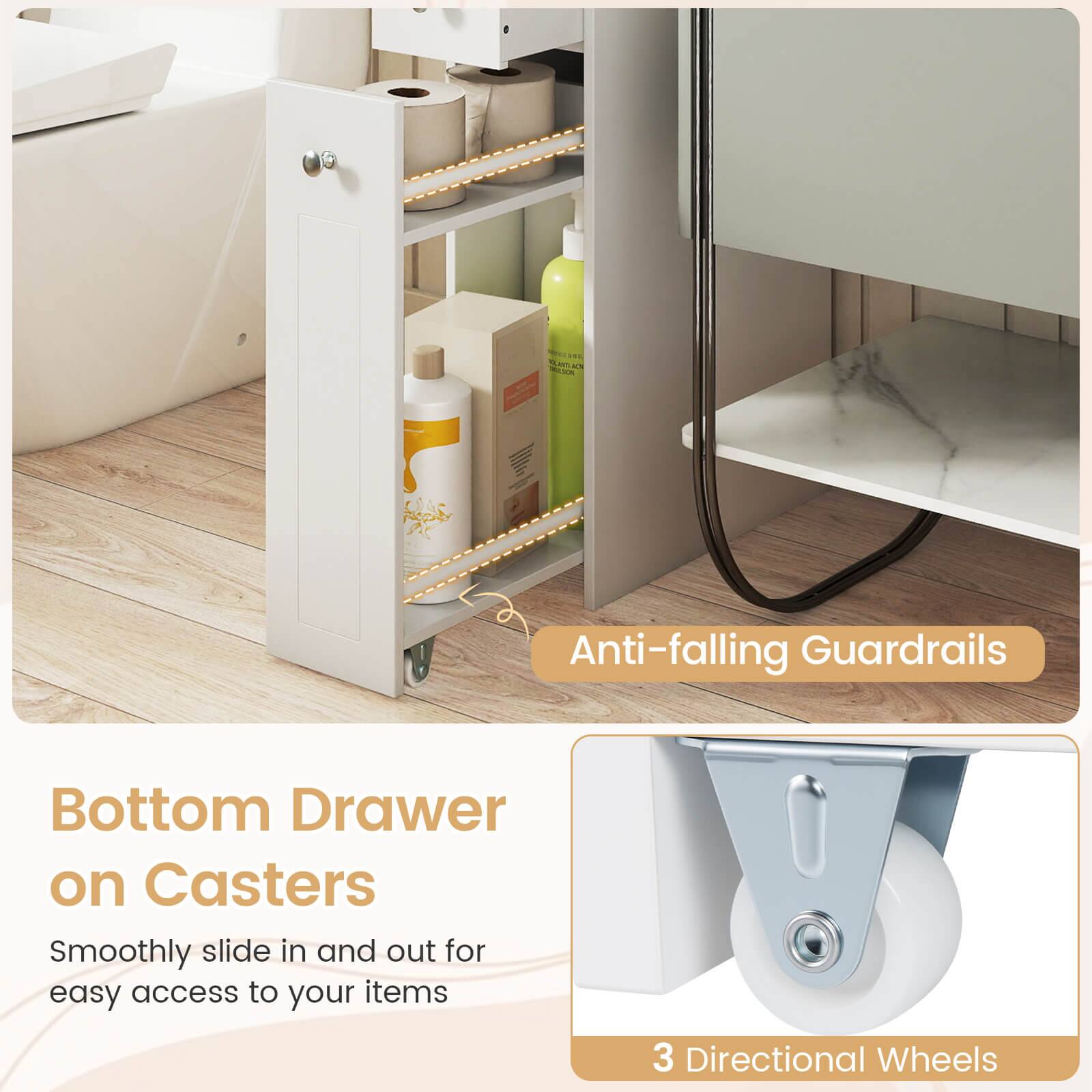 Bottom Drawer on Casters

Smoothly slide in and out for easy access to your items

Anti-falling Guardrails

3 Directional Wheels