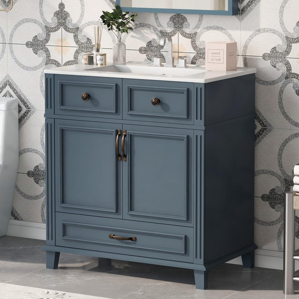 Loheer - 30 inch Bathroom Vanity with Ceramic Sink, Solid Wood Frame Freestanding Cabinet - Blue