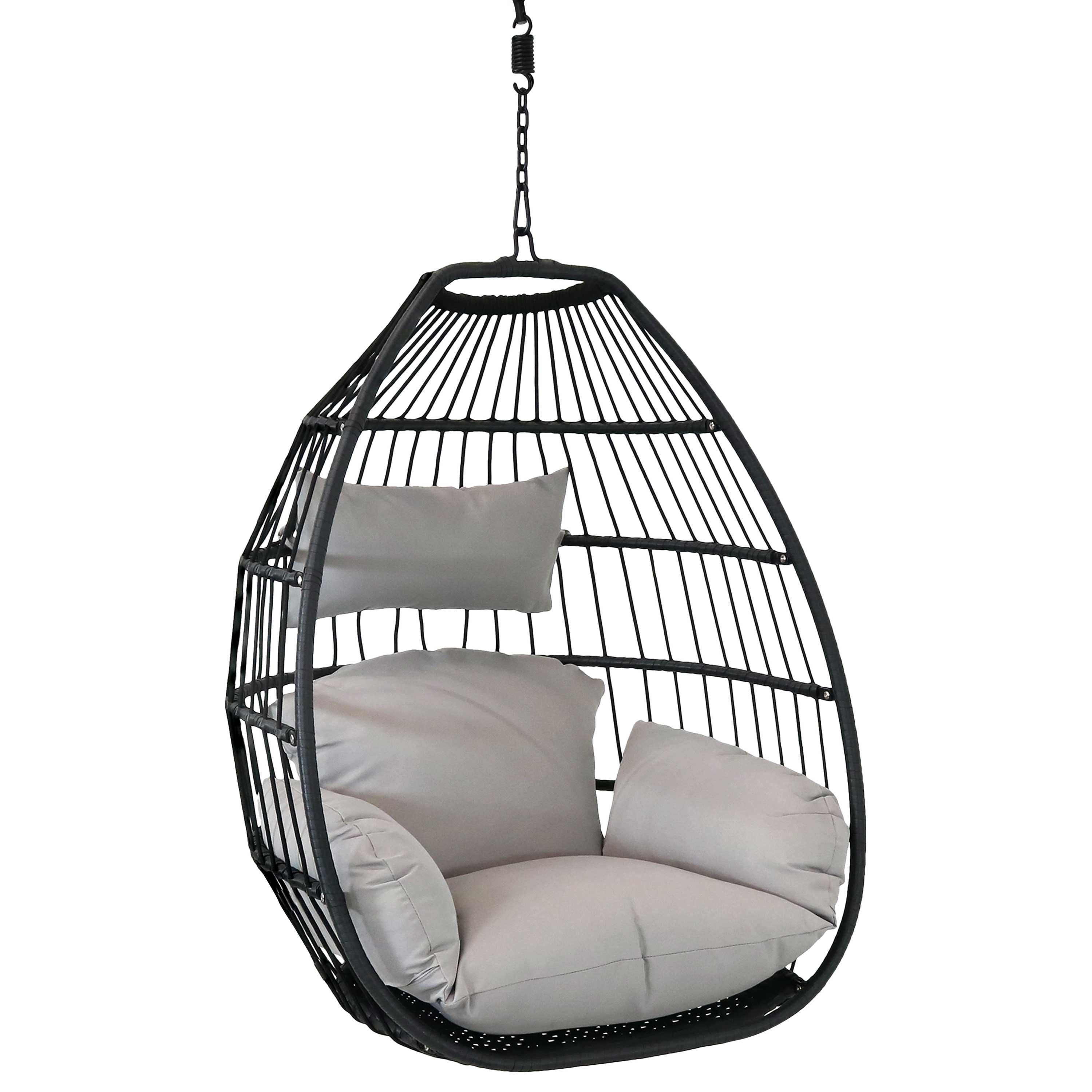 Sunnydaze - Black Resin Wicker Hanging Egg Chair with Cushions - Gray
