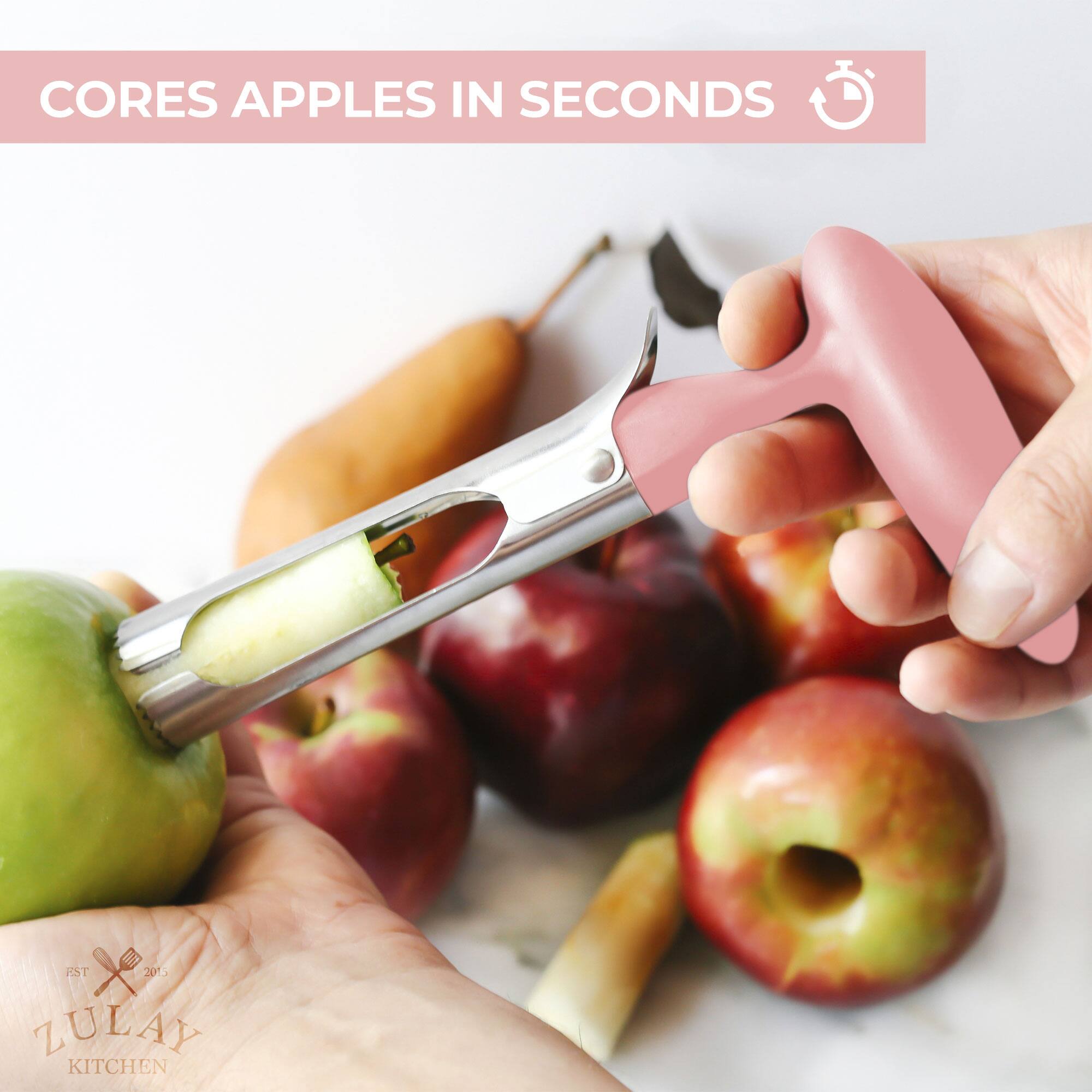 Left. Zulay Kitchen - Zulay Kitchen Premium Apple Corer Tool - Ultra Sharp, Stainless Steel, Serrated Blades for Easy Coring - Pink.
