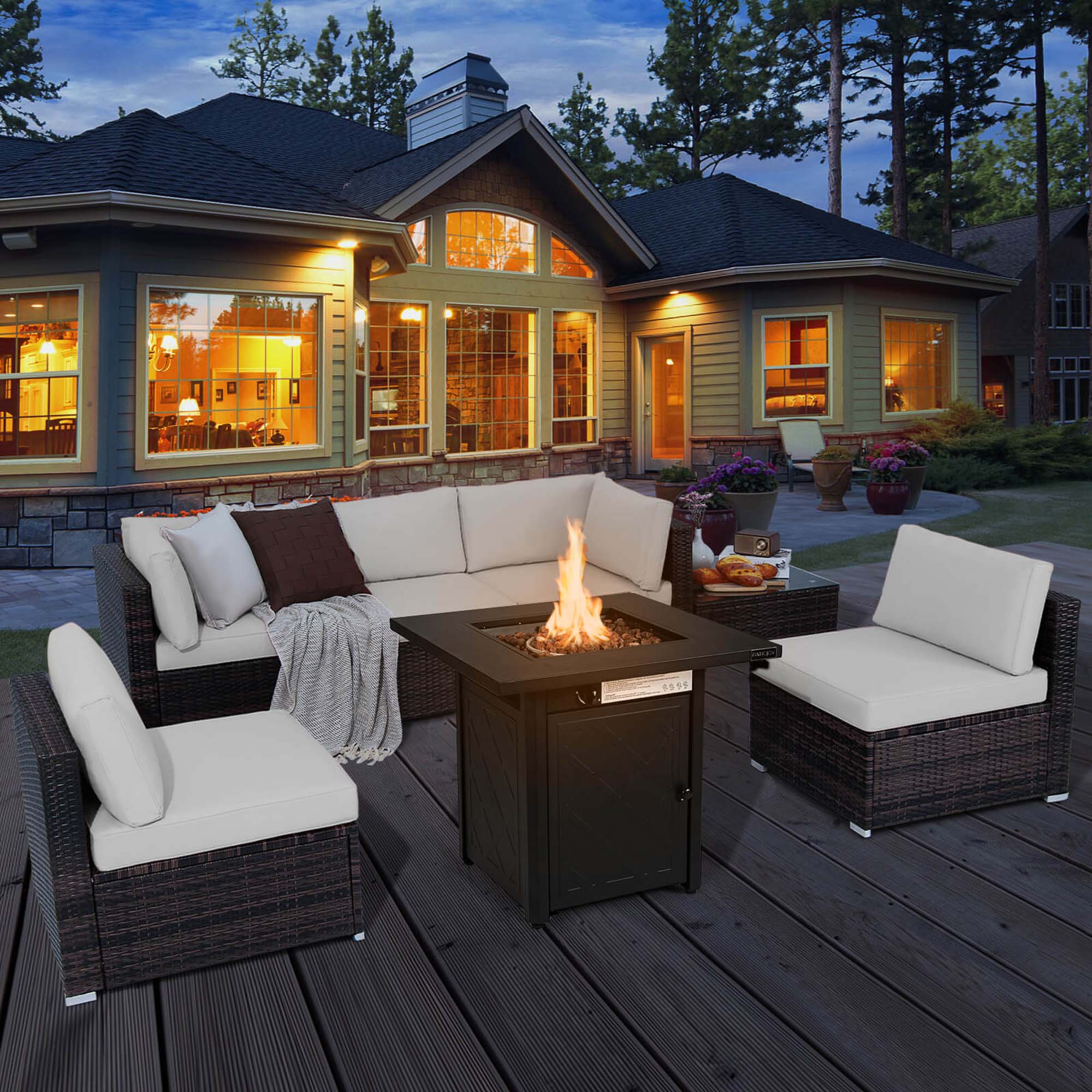 Alt View 1. Costway - 7 PCS Patio Furniture Set with 28" 50000 BTU Propane Gas Fire Pit Table Cushions - Off White.
