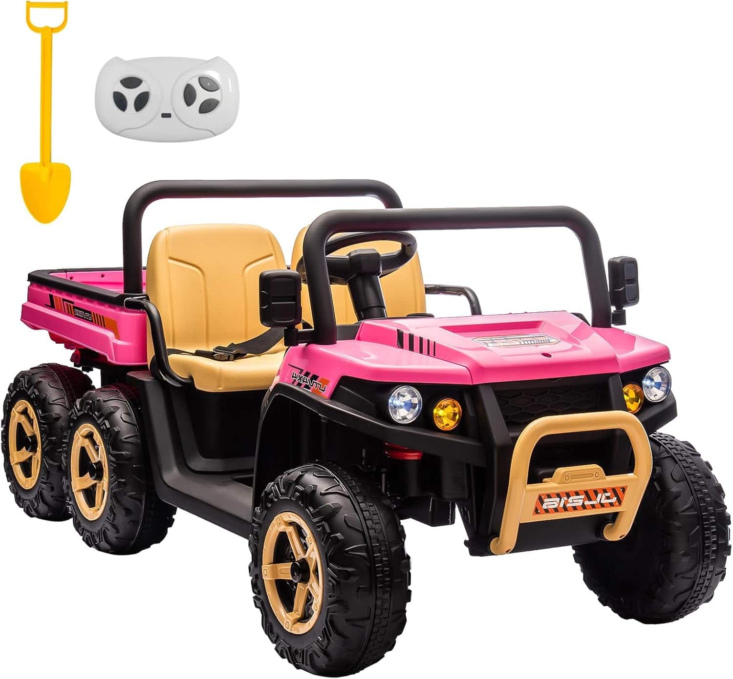 Homhougo - 24V 4WD 6-Wheel All-Terrain Ride-on Dump Truck, 2-Seater UTV with Parent Remote Control, Electric Dump Bed & Shovel - Pink