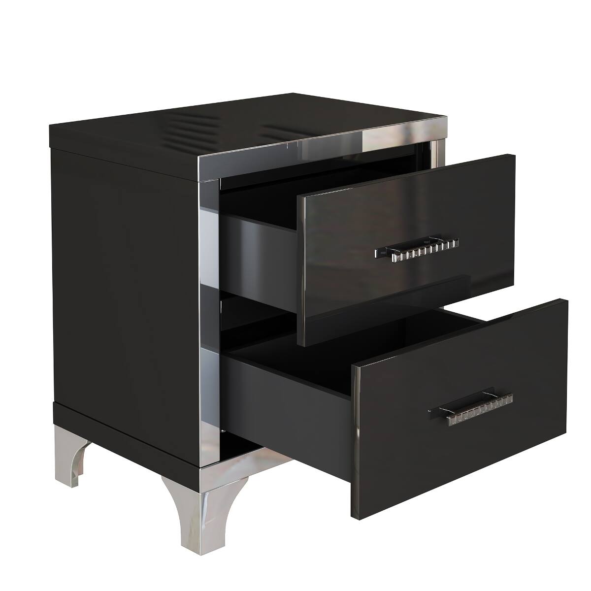Alt View 3. Loheer - Loheer Black Two Drawer Nightstand, High Gloss Mirrored Bedside Table - Black.
