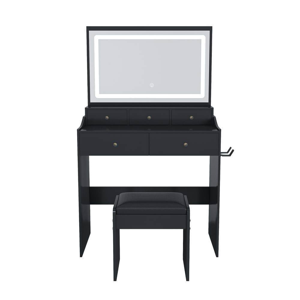 Left. Kadyn - Large Mirror Vanity Desk, Modern Makeup Vanity Set, 5 Drawers, 3 Lighting Color Adjustable Dressing Table, Black - Black.