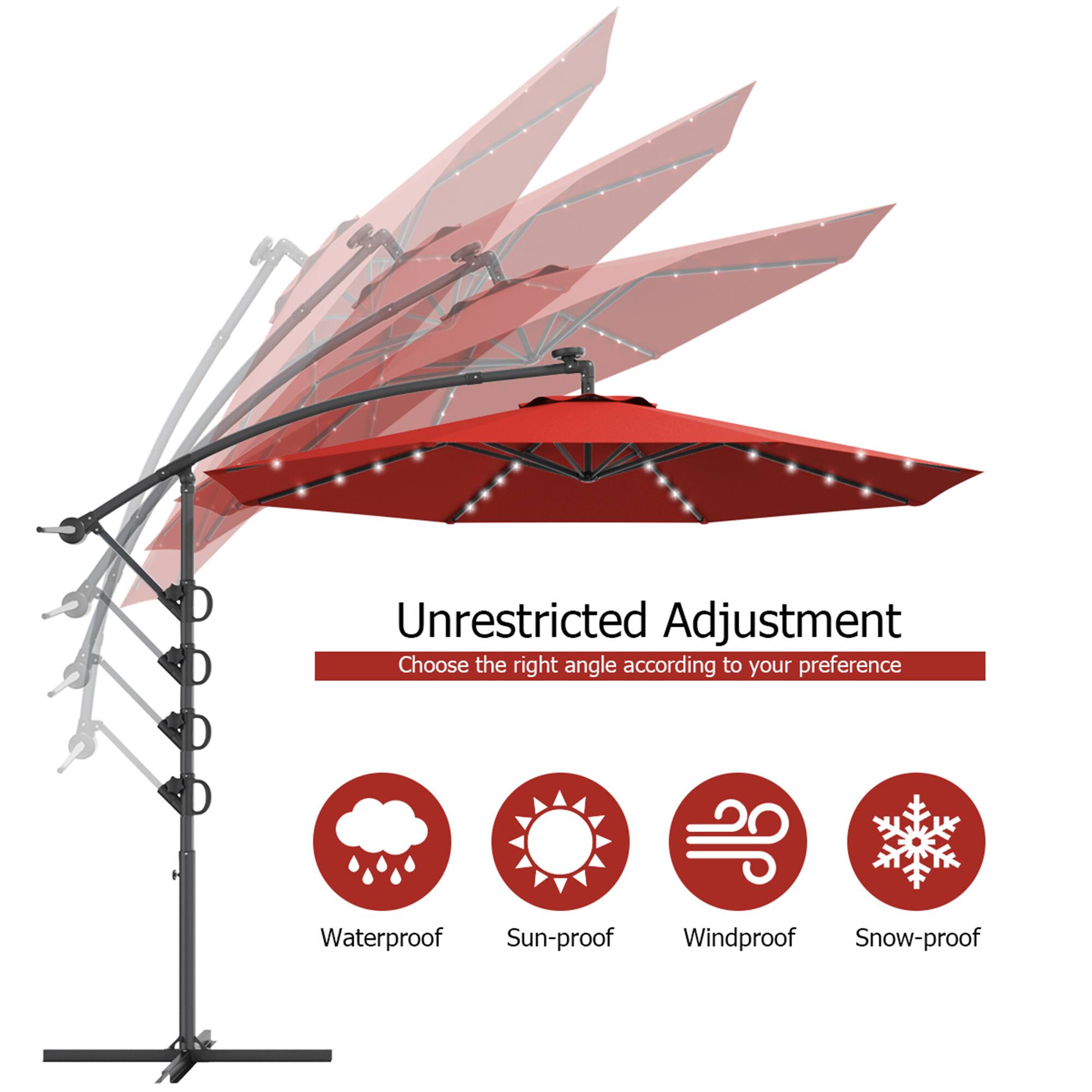 Unrestricted Adjustment
Choose the right angle according to your preference
Waterproof
Sun-proof
Windproof
Snow-proof