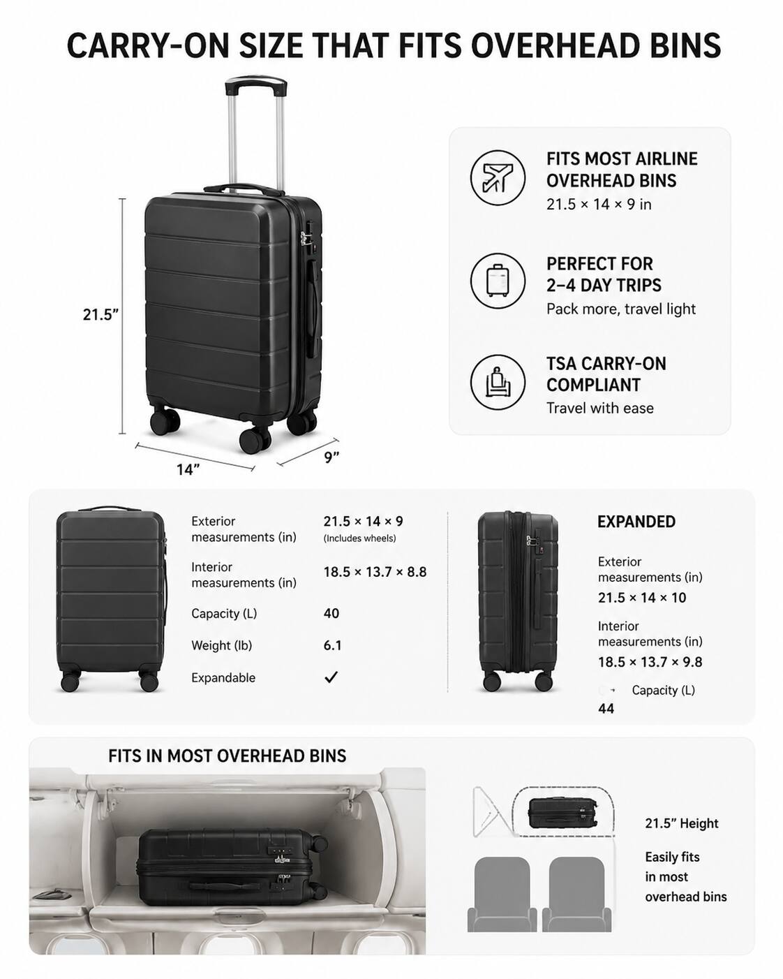 CARRY-ON SIZE THAT FITS OVERHEAD BINS

FITS MOST AIRLINE OVERHEAD BINS
21.5 x 14 x 9 in

PERFECT FOR 2-4 DAY TRIPS
Pack more, travel light

TSA CARRY-ON COMPLIANT
Travel with ease

Exterior measurements (in)
21.5 x 14 x 9 (Includes wheels)

Interior measurements (in)
18.5 x 13.7 x 8.8

Capacity (L)
40

Weight (lb)
6.1

Expandable

EXPANDED

Exterior measurements (in)
21.5 x 14 x 10

Interior measurements (in)
18.5 x 13.7 x 9.8

Capacity (L)
44

FITS IN MOST OVERHEAD BINS

21.5" Height
Easily fits in most overhead bins