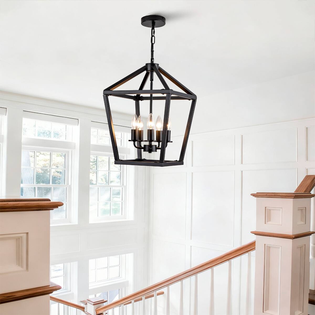 Alt View 10. Loheer - Loheer 5 Light Farmhouse Lantern Chandelier, Matte Black Open Cage for Dining Room.