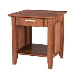 SlickBlue - Natural Rattan Bedside Table with Drawer and Storage Shelf – Modern Rustic Nightstand - Walnut