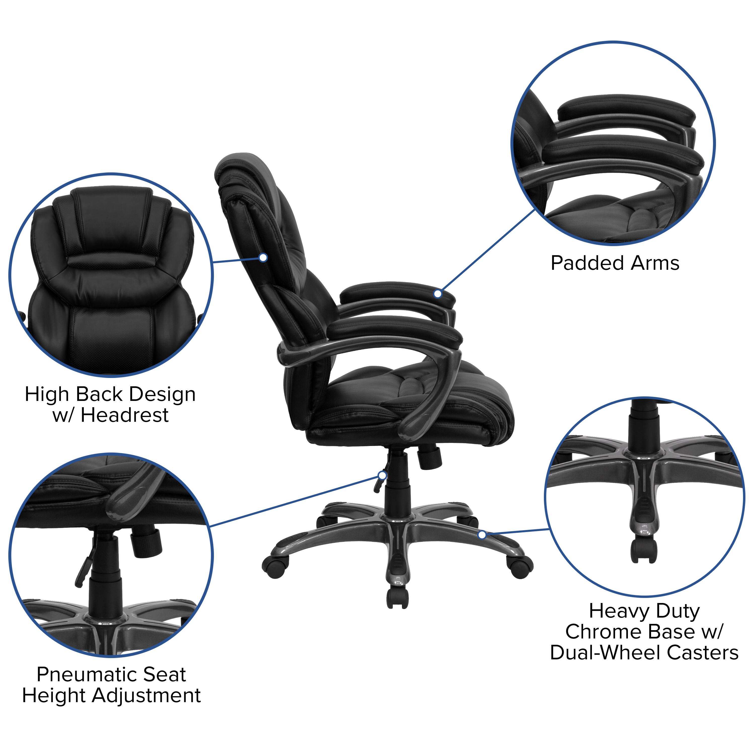Padded Arms  
High Back Design w/ Headrest  
Pneumatic Seat Height Adjustment  
Heavy Duty Chrome Base w/ Dual-Wheel Casters