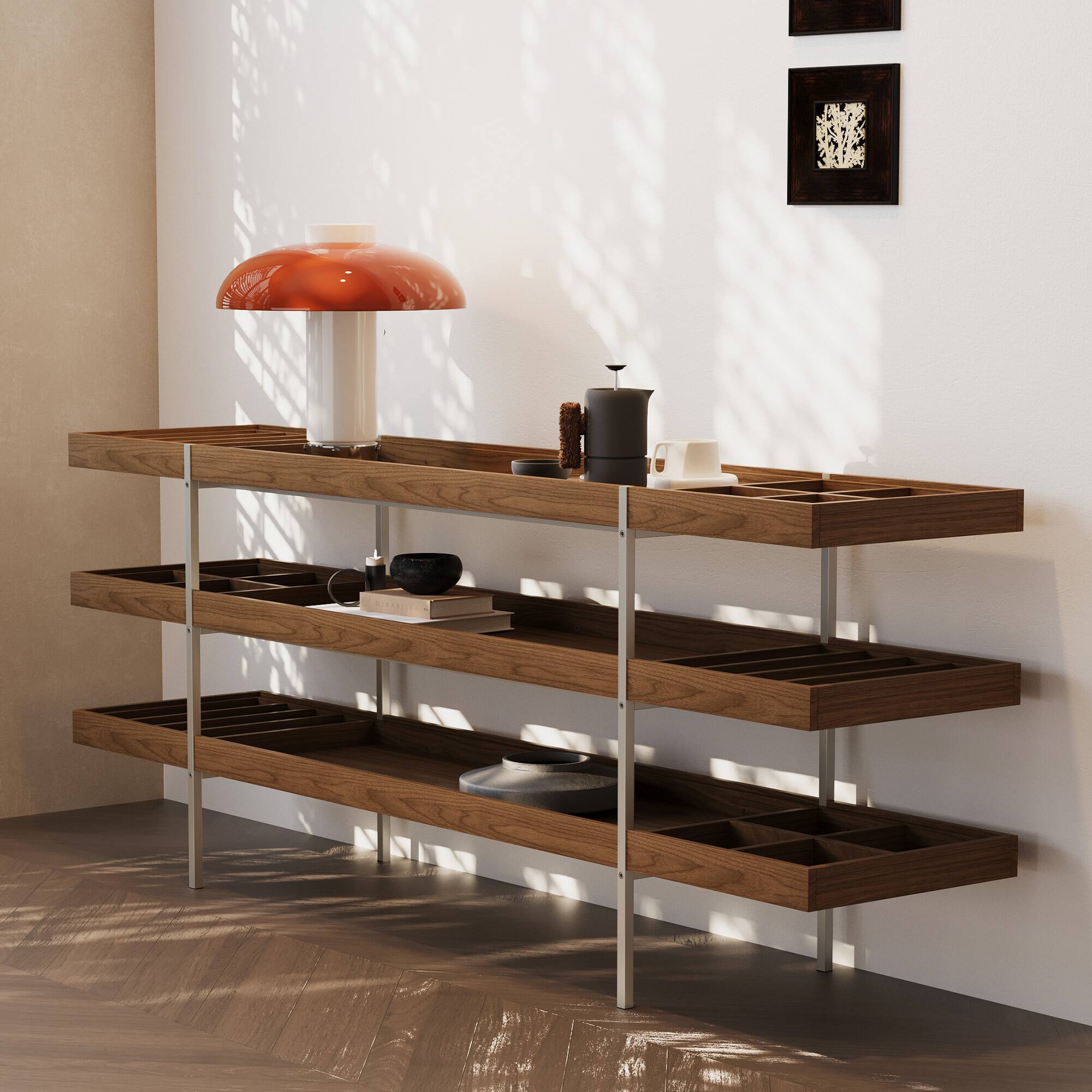 Angle. luck idea - 78.74 Inch Display Shelf With Stainless Steel Brackets, Multi-functional Storage Rack For Living Room & Dining Room - Walnut Color.