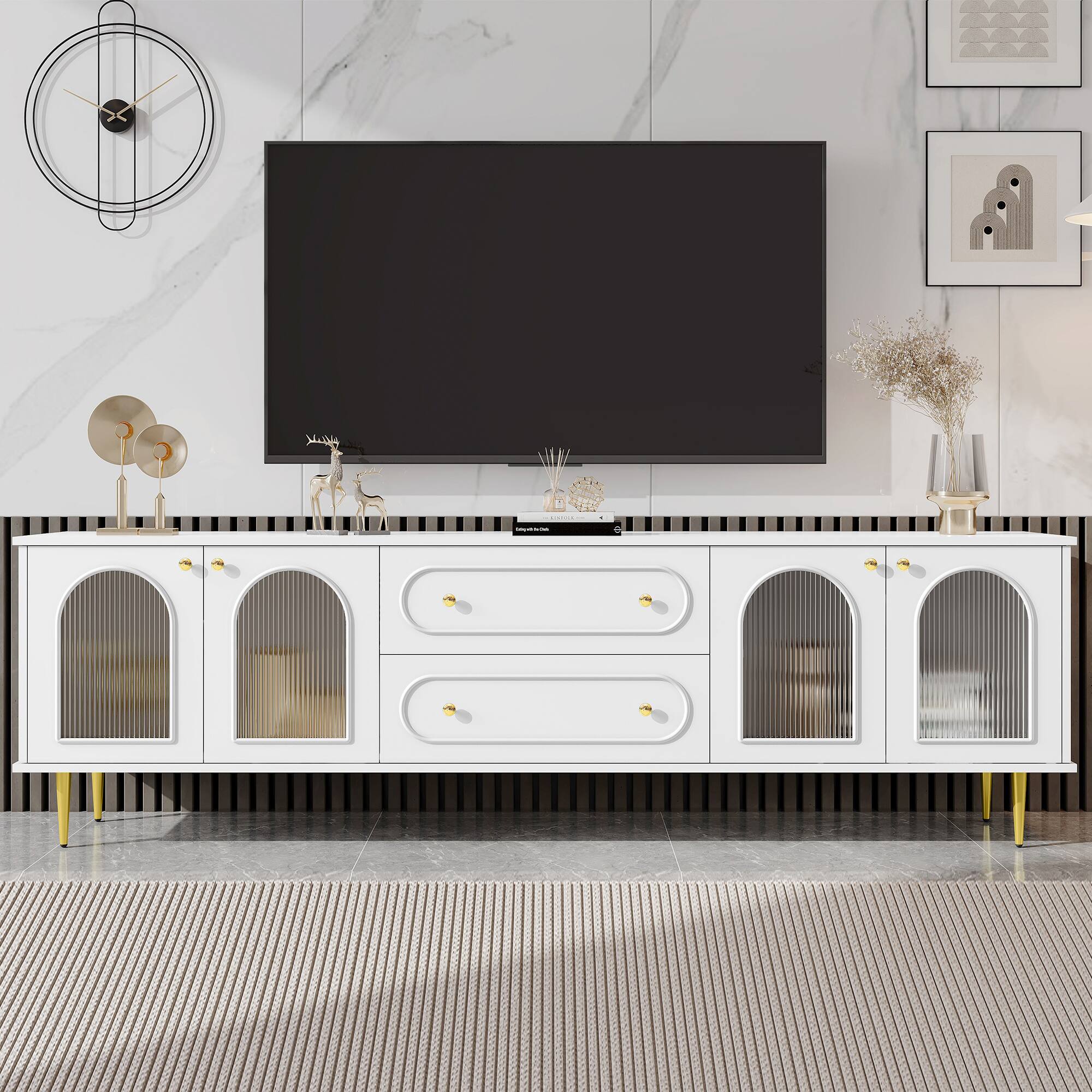 Angle. APRILSOUL - Modern TV Stand with Five Metal Legs and Metal Handles 2 Drawers and 2 Cabinets with Fluted Glass Doors Up to 80inch - White.