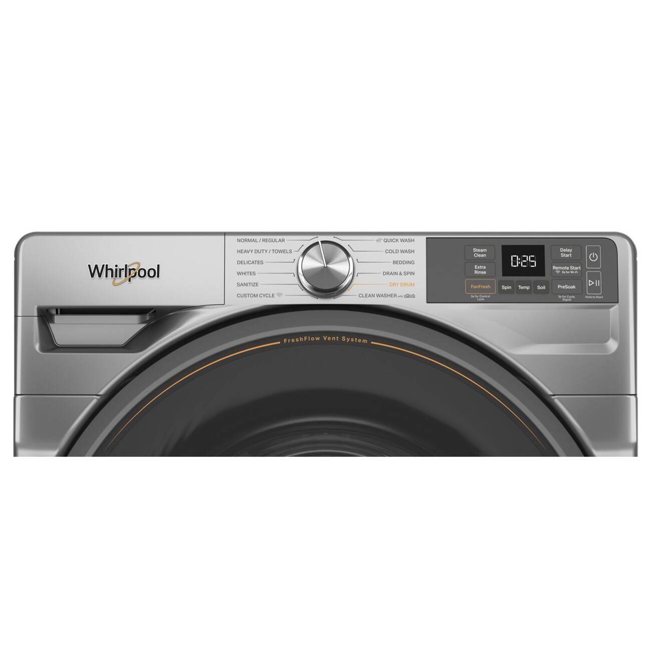 NORMAL / REGULAR  
QUICK WASH  
HEAVY DUTY / TOWELS  
DELICATES  
WHITES  
SANITIZE  
CUSTOM CYCLE  
COLD WASH  
BEDDING  
DRY & SPIN  
DRUM CLEAN  
CLEAN WASHER  
Steam  
Extra Rinse  
FanFresh  
Delay Start  
0:25  
Remote Start  
Spin  
Temp  
Soil  
PreSoak  
My Cycle  
Del  
low  
FreshFlow Vent System