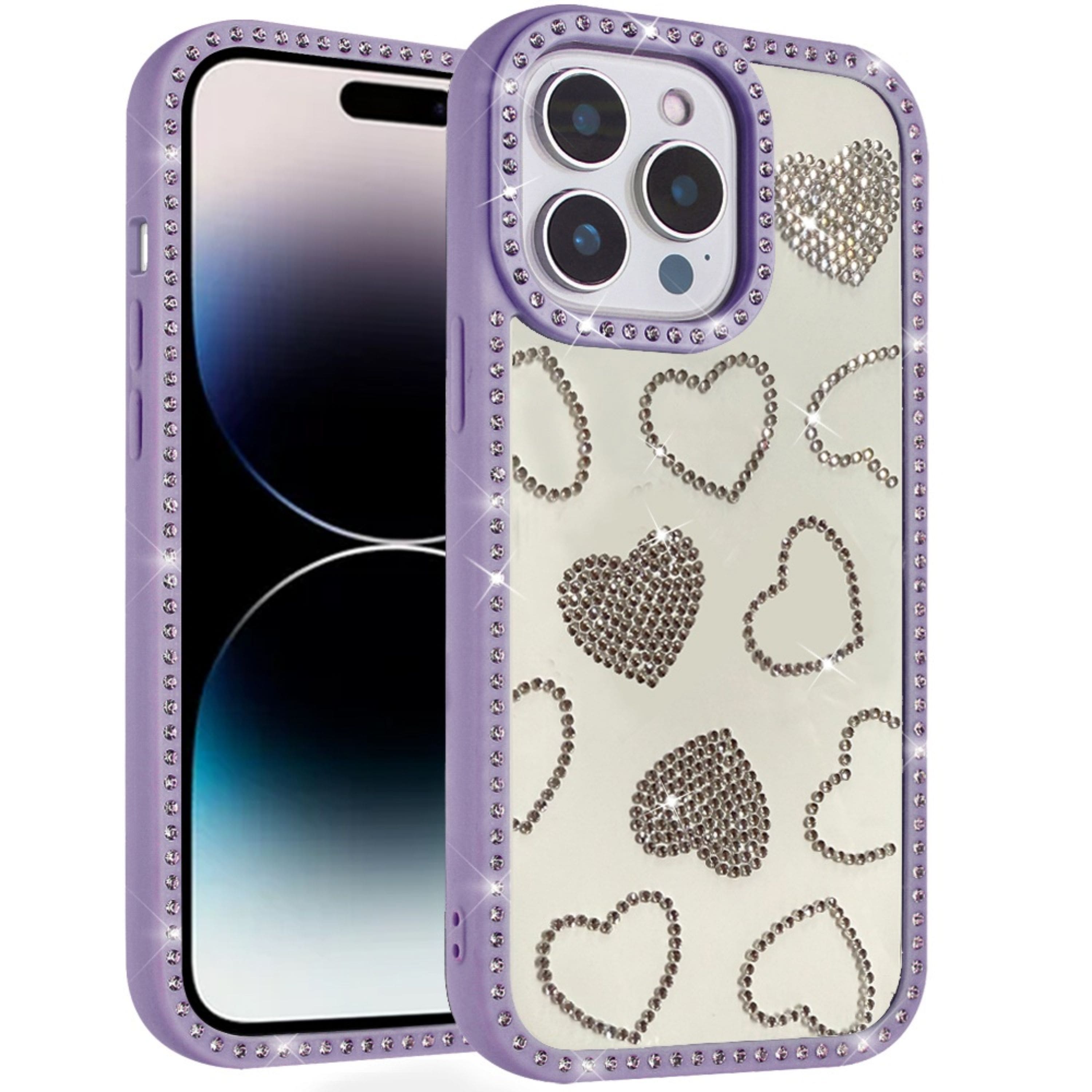 Kitcheniva - Rhinestone Hearts With Bling Around Trim Case For iPhone 14 Pro Max - Purple