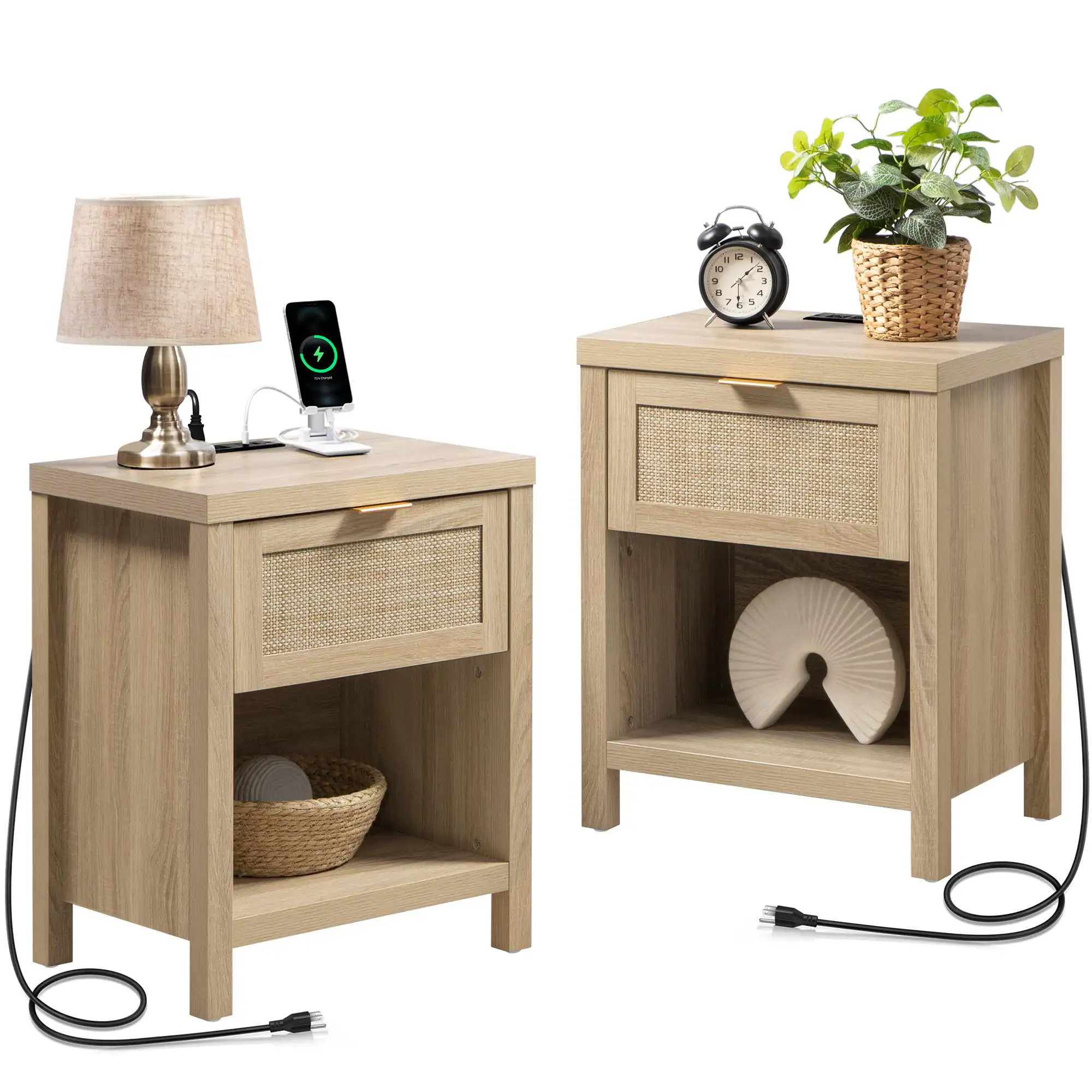 Front. OMOMMD - Rattan Nightstand with Charging Station, USB-C & USB Ports, Drawer & Open Shelf, Rustic Bedside Table - Reclaimed Light Oak 2.