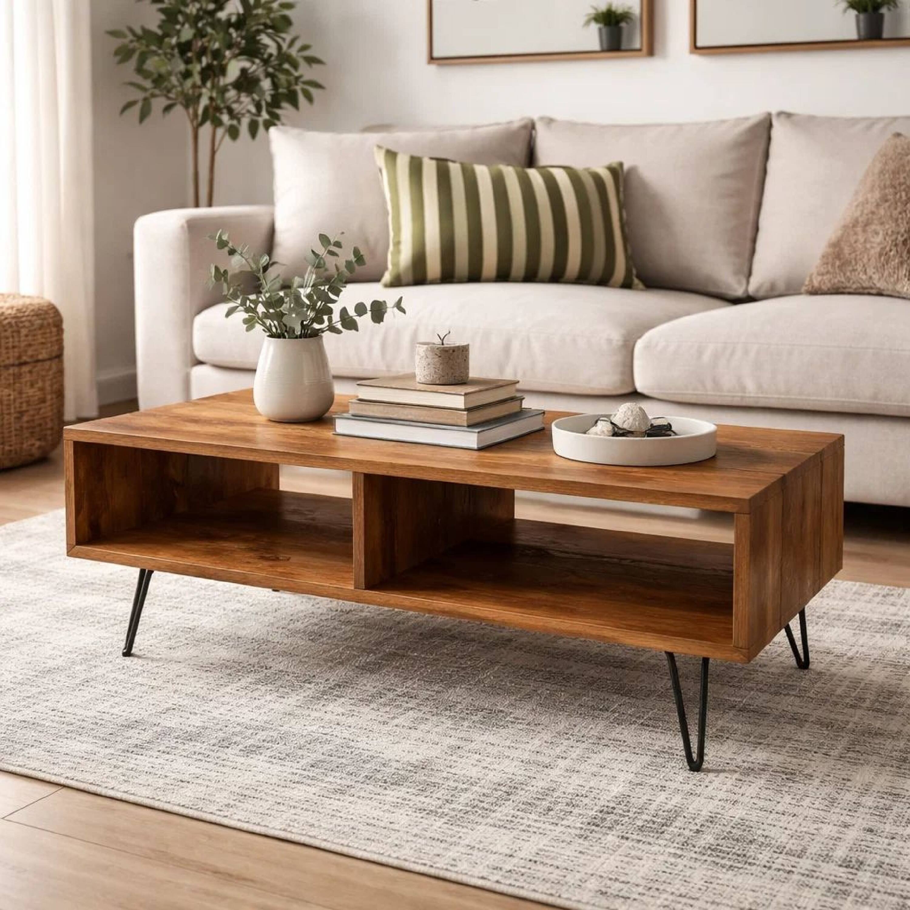 Alt View 2. Manhattan Lane - 42 Inch Modern Cocktail Coffee Table with Open Compartments, Wood Top - Brown, Black.