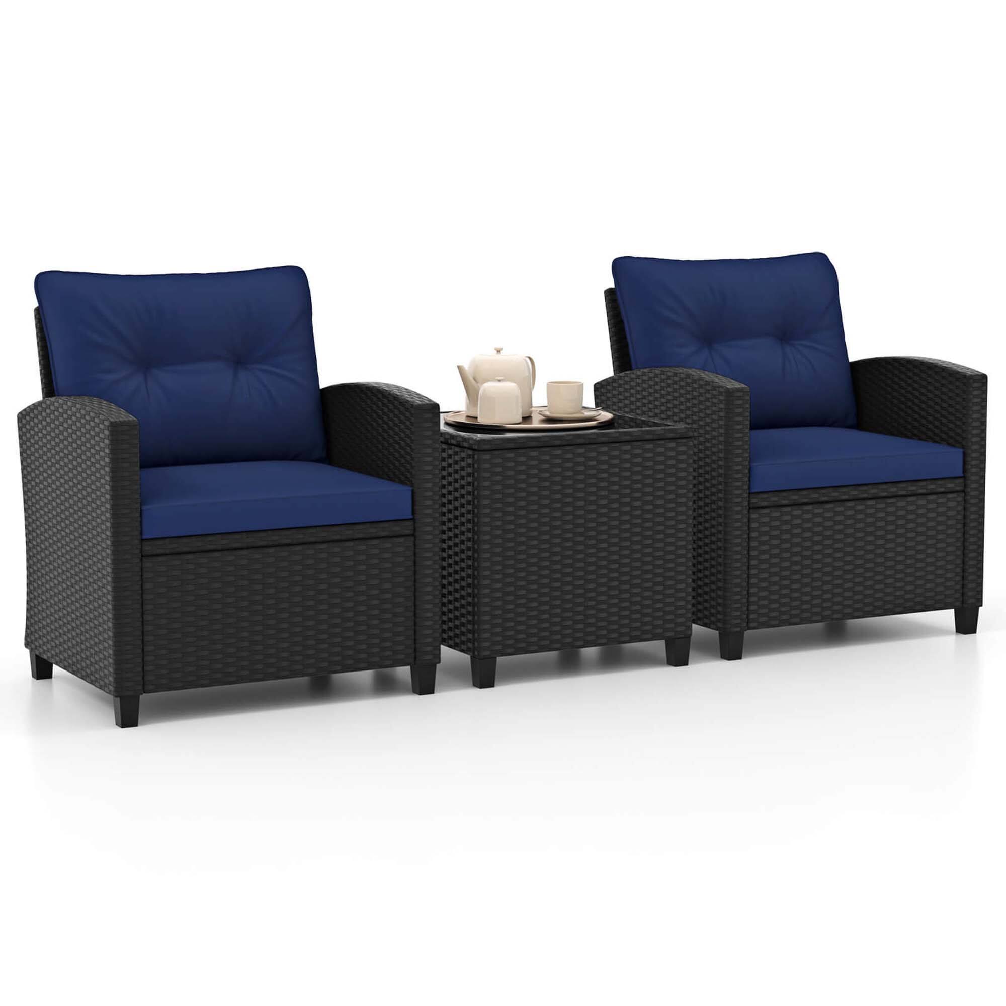 Front. Costway - 3 PCS Patio Furniture Set with Tempered Glass Coffee Table Washable Cushions - Navy,Black.
