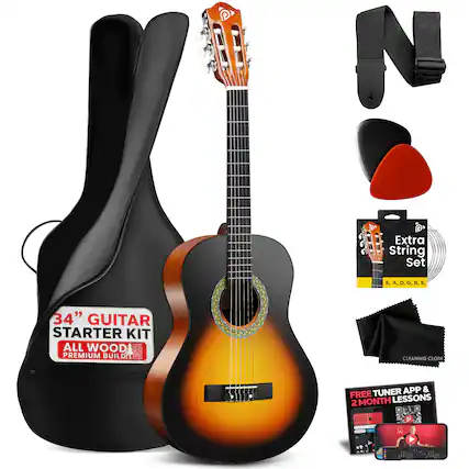 IE NO 4 T Extra String Set E, A, D, G, B, C, 34" GUITAR STARTER KIT ALL WOOD PREMIUM BUILD CLEANING CLOTH TUNER APP & 35 FREE MONTH LESSONS 2 P A
