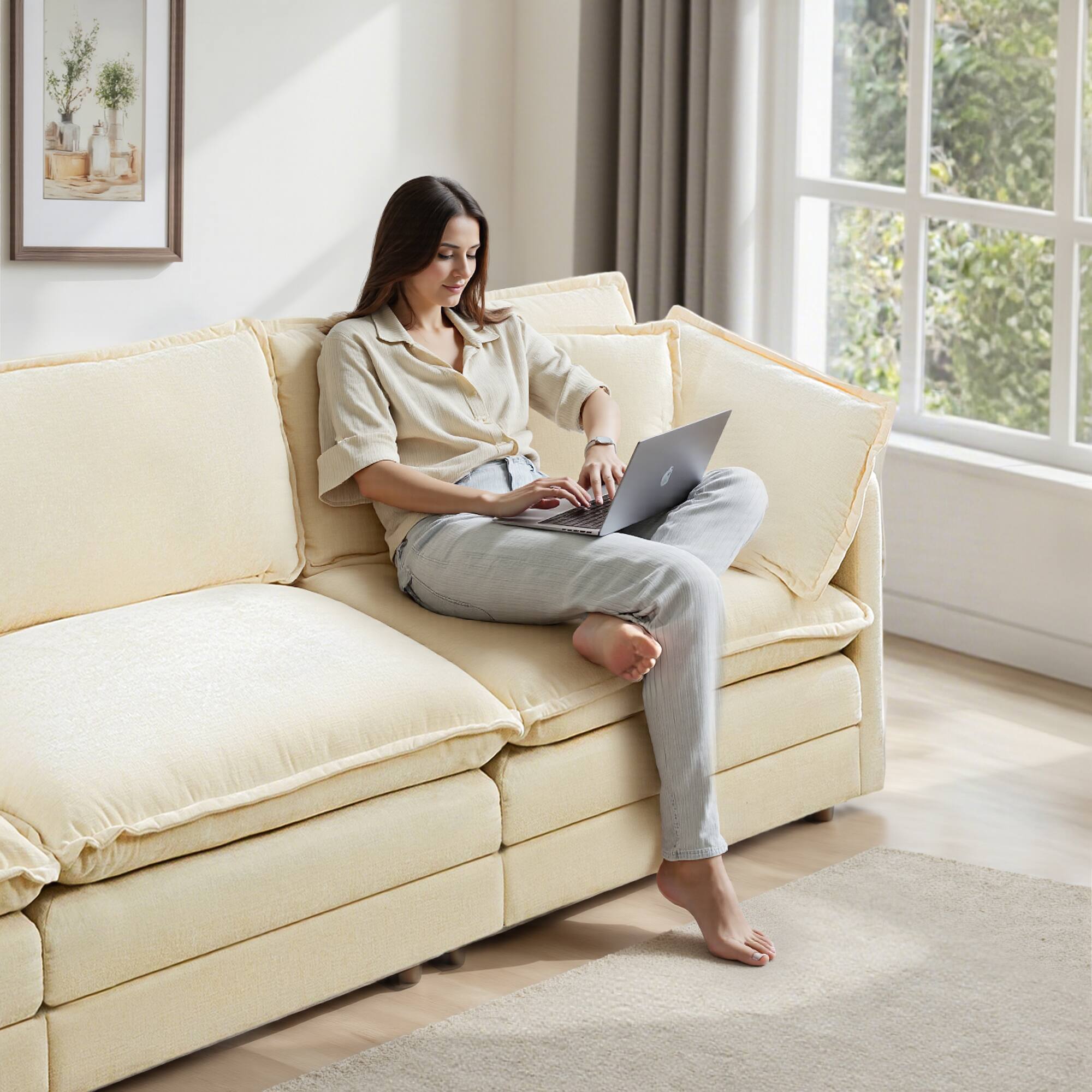 Alt View 1. KERDOM - Furniture 3 Seat Sofa for Living Room, Convertible Chenille Sectional Sofa Couch for Apartment Studio, Free Pillows - Beige.