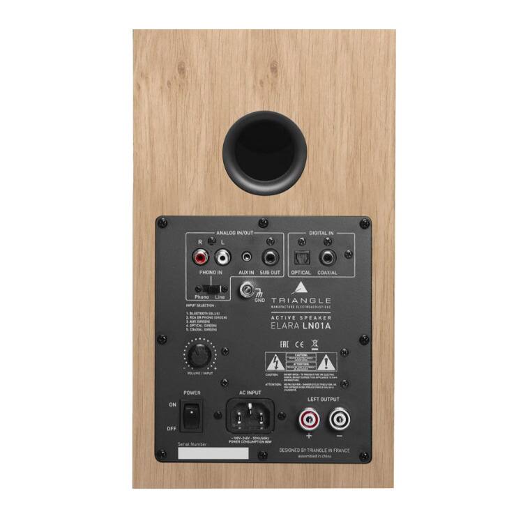 Sure, here is the corrected and grouped text from the image:

---

**ANALOG IN/OUT**

- R
- L

**DIGITAL IN**

- PHONO IN
- AUX IN
- OPTICAL
- COAXIAL

**INPUT SELECTION**

- 1. PHONO
- 2. LINE
- 3. AUX
- 4. OPTICAL
- 5. COAXIAL

**POWER**

- ON
- OFF

**AC INPUT**

**LEFT OUTPUT**

**TRIANGLE**

**ACTIVE SPEAKER**

**ELARA LN01A**

**DESIGNED BY TRIANGLE IN FRANCE**

**assembled in china**

**Serial Number**

**POWER CONSUMPTION**

**CE**

**ELECTRICITY**

**ATTENTION**

**LEFT OUTPUT**

**+**

**-**

---

This text is organized based on the layout and labels visible on the speaker's back panel.