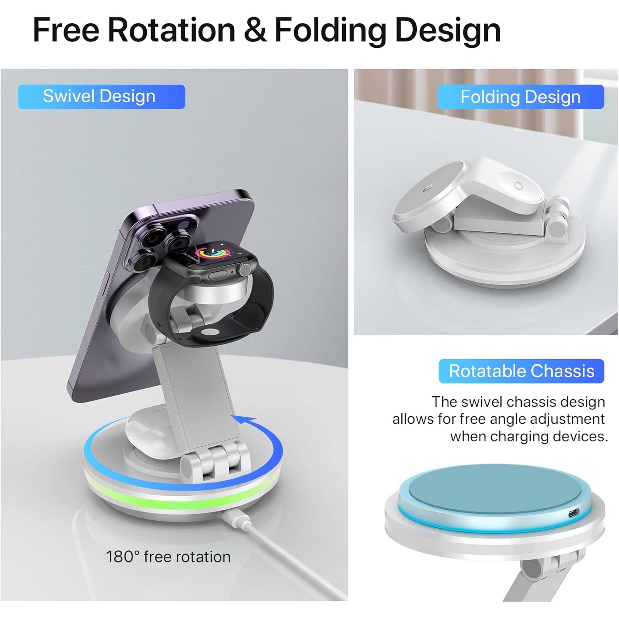 Free Rotation & Folding Design

Swivel Design
Folding Design

Rotatable Chassis
The swivel chassis design allows for free angle adjustment when charging devices.

180° free rotation