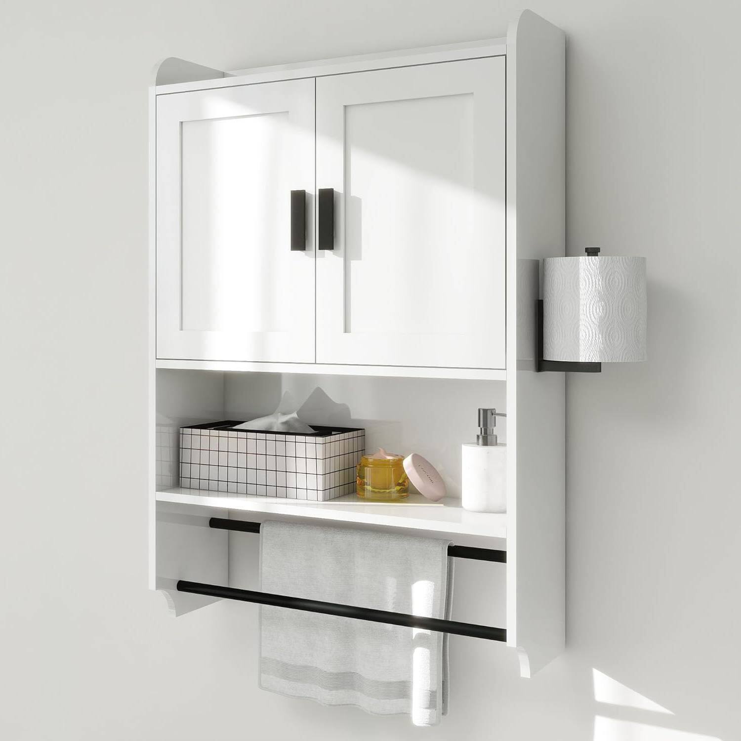 Back. Hivvago - White Bathroom Wall Cabinet with Towel Bar and Storage Shelf - White.