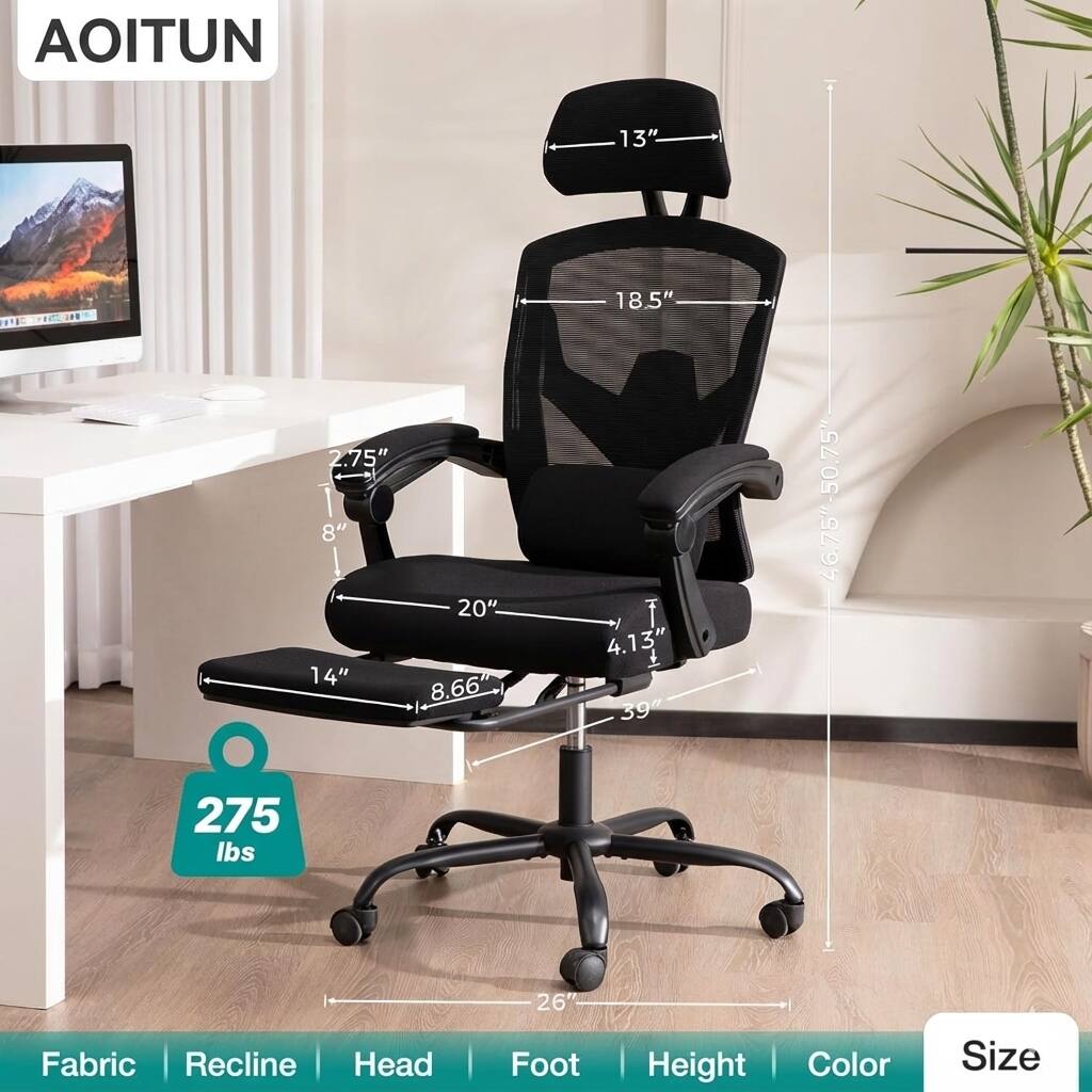 AOITUN

- 13"
- 18.5"
- 2.75"
- 8"
- 14"
- 20"
- 8.66"
- 4.13"
- 39"
- 46.75"-50.75"
- 275 lbs
- 26"

Fabric | Recline | Head | Foot | Height | Color | Size