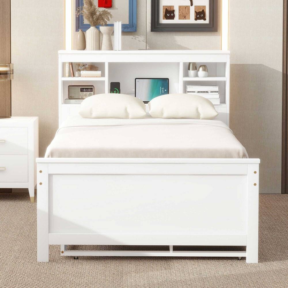 Left. Loheer - Loheer Twin Platform Bed with Storage Headboard Trundle White - White.