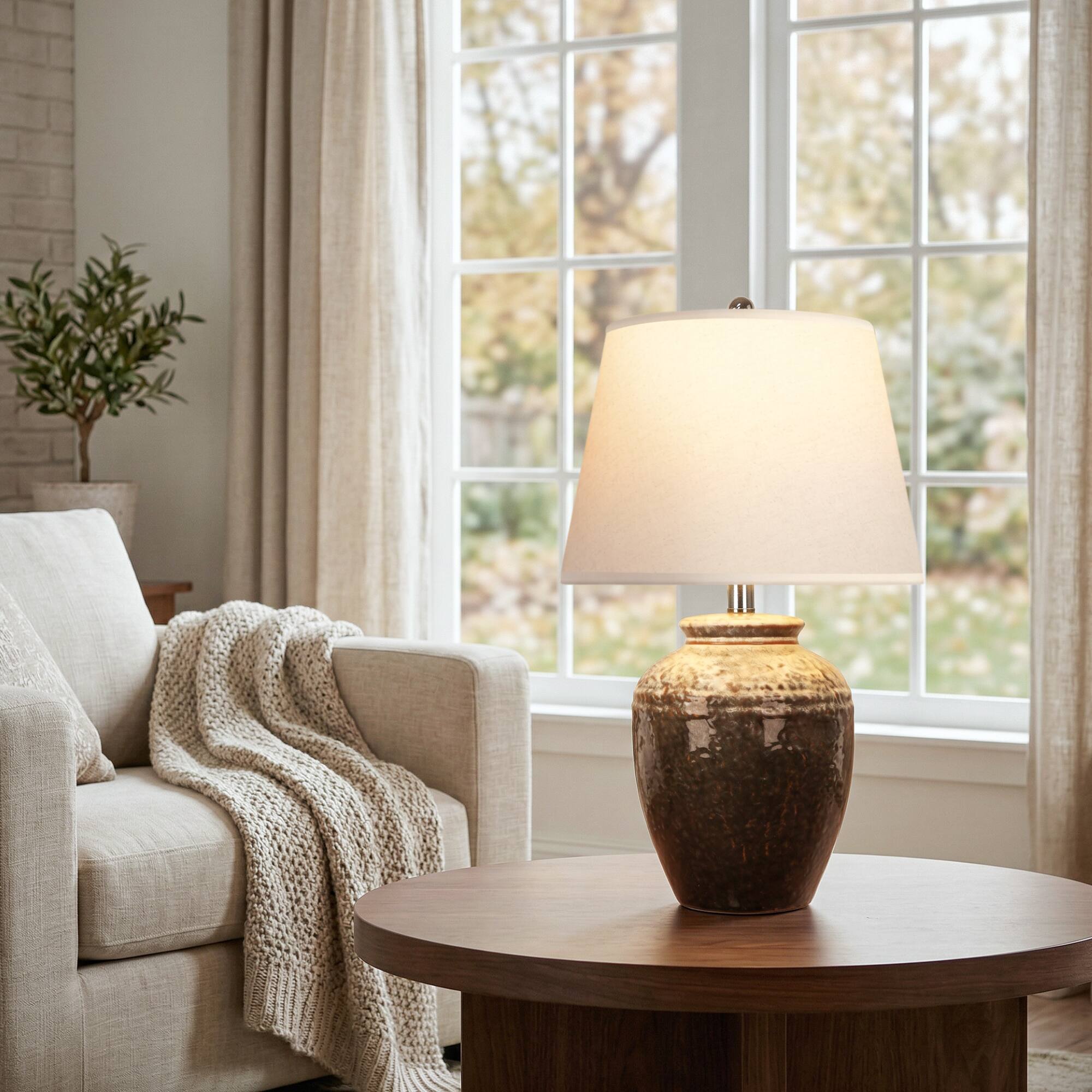 Alt View 3. partphoner - Brown & White Farmhouse Ceramic Table Lamp - Brown+white.