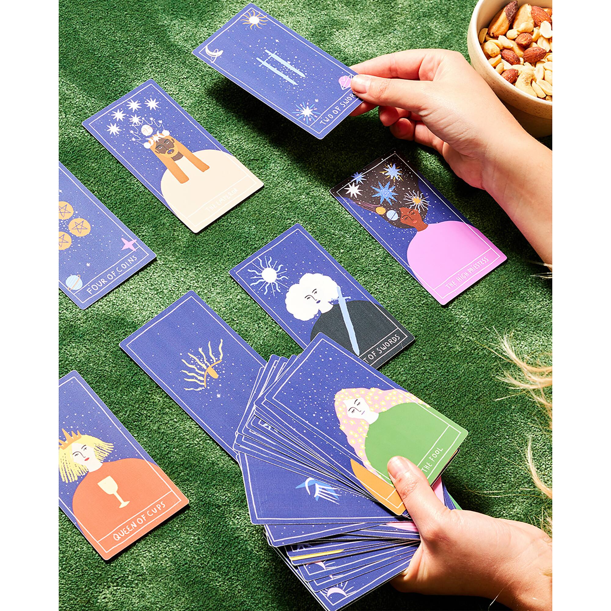 FOUR OF COINS  
TWO OF SWORDS  
THE EMPEROR  
HIGH PRIESTESS  
QUEEN OF CUPS  
THE FOOL