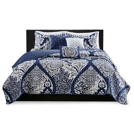 Gracie Mills - Muriel 6 Piece Damask Printed Cotton Quilt Set with Throw Pillows - Indigo