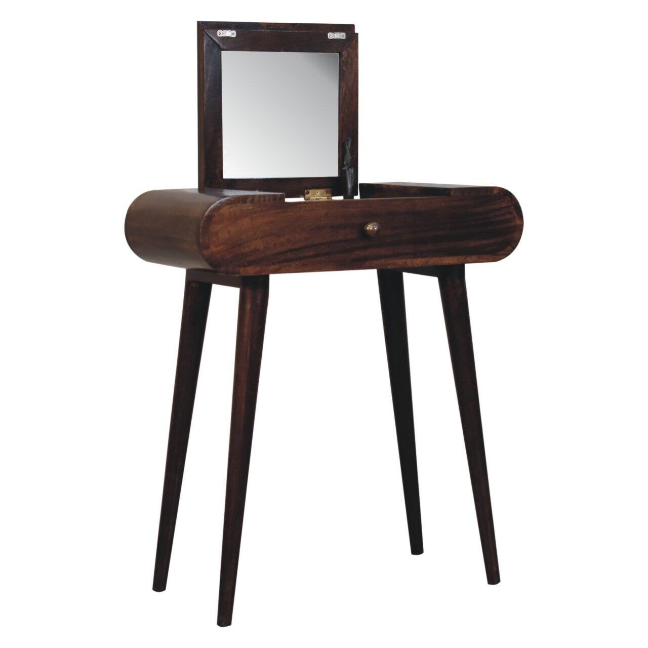 Alt View 4. Artisan Furniture - Artisan Furniture Solid Wood Mini California Walnut Dressing Table with Foldable Mirror, 4 Storage Compartments - Dark Brown.