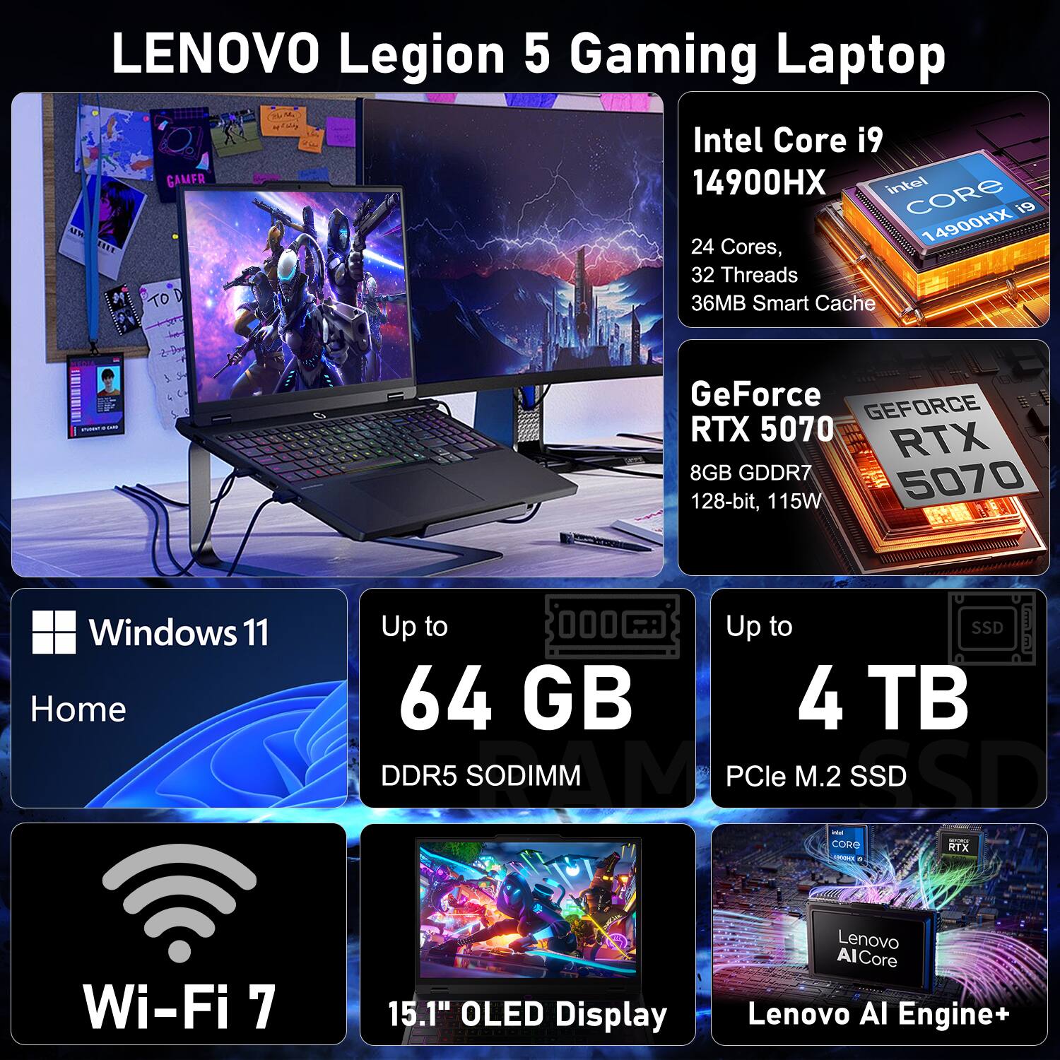 LENOVO Legion 5 Gaming Laptop

Intel Core i9 14900HX
- 24 Cores, 32 Threads
- 36MB Smart Cache

GeForce RTX 5070
- 8GB GDDR7
- 128-bit, 115W

Windows 11 Home

Up to 64 GB DDR5 SODIMM

Up to 4 TB PCIe M.2 SSD

Wi-Fi 7

15.1" OLED Display

Lenovo AI Engine+
