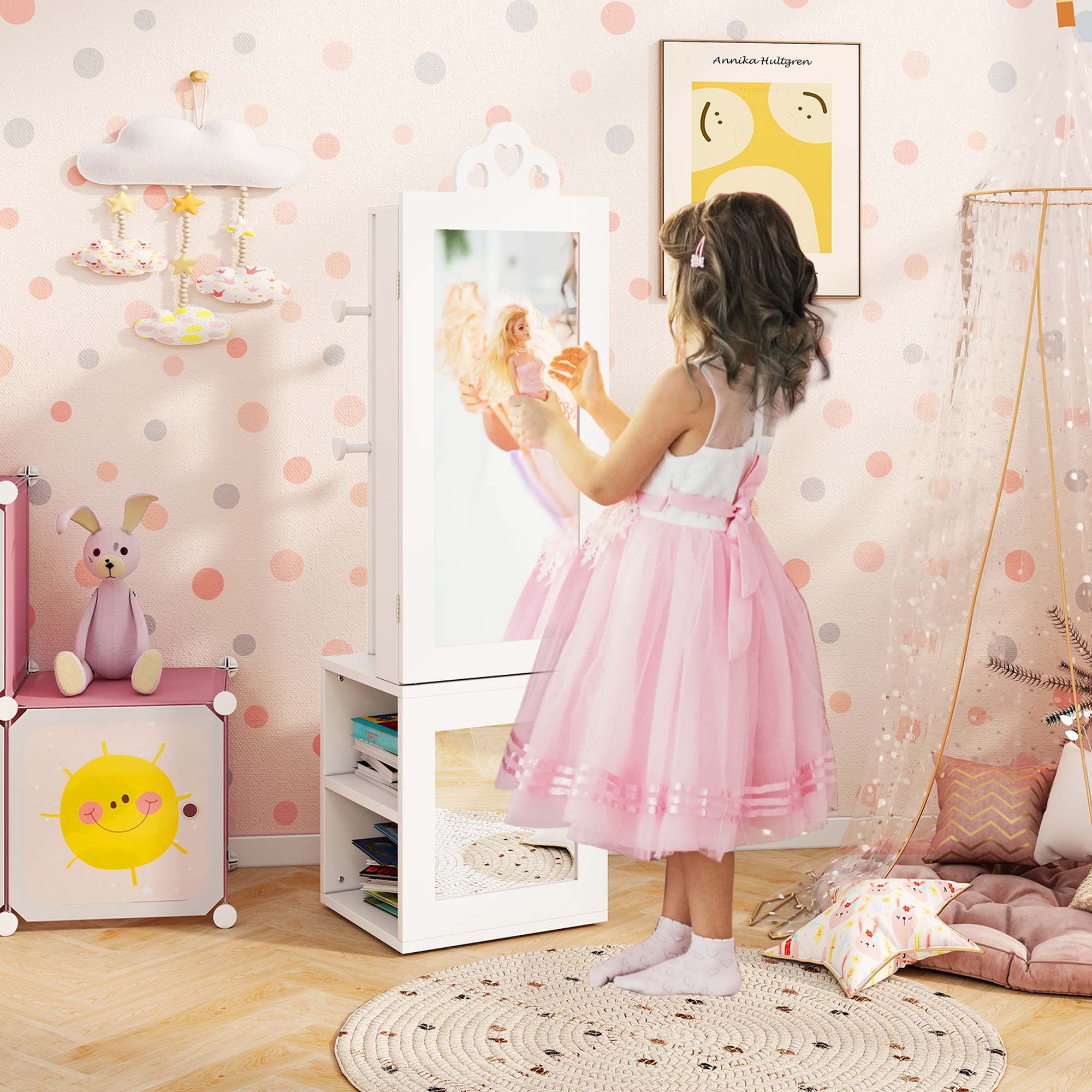 Alt View 3. Costway - Costway Kids Jewelry Cabinet Standing Children Jewelry Organizer with Full-Length Mirror - White.