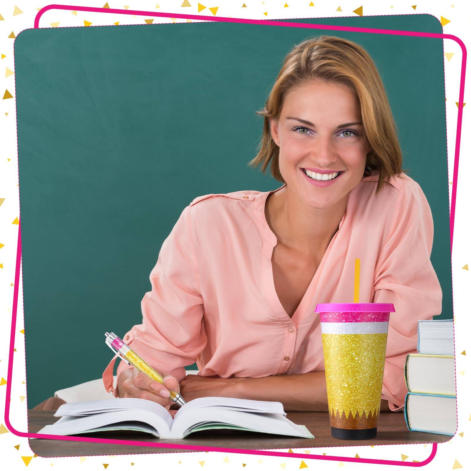 Alt View 6. Paradigms Interiors - Teacher Appreciation Gift Bulk Including Reusable Pencil Plastic Coffee Cup With Lid Straw Employee Gifts Glitter Pen....