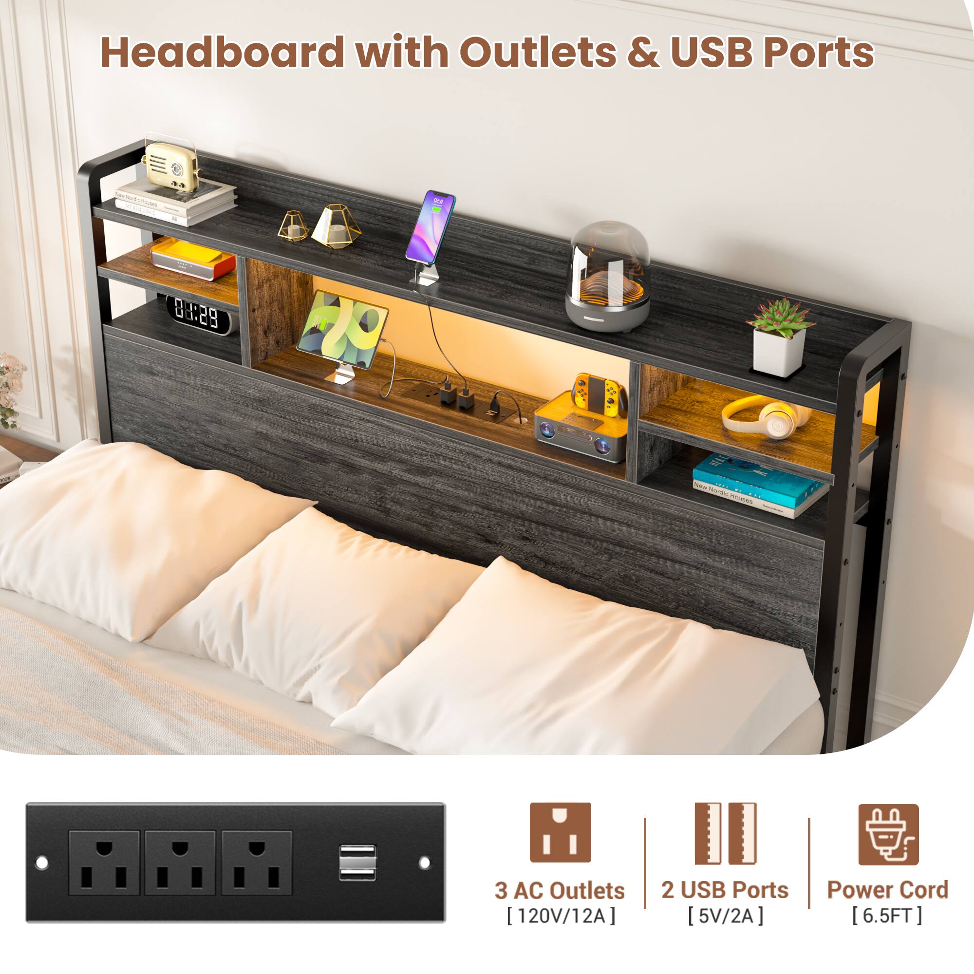 Headboard with Outlets & USB Ports

- 3 AC Outlets [120V/12A]
- 2 USB Ports [5V/2A]
- Power Cord [6.5FT]