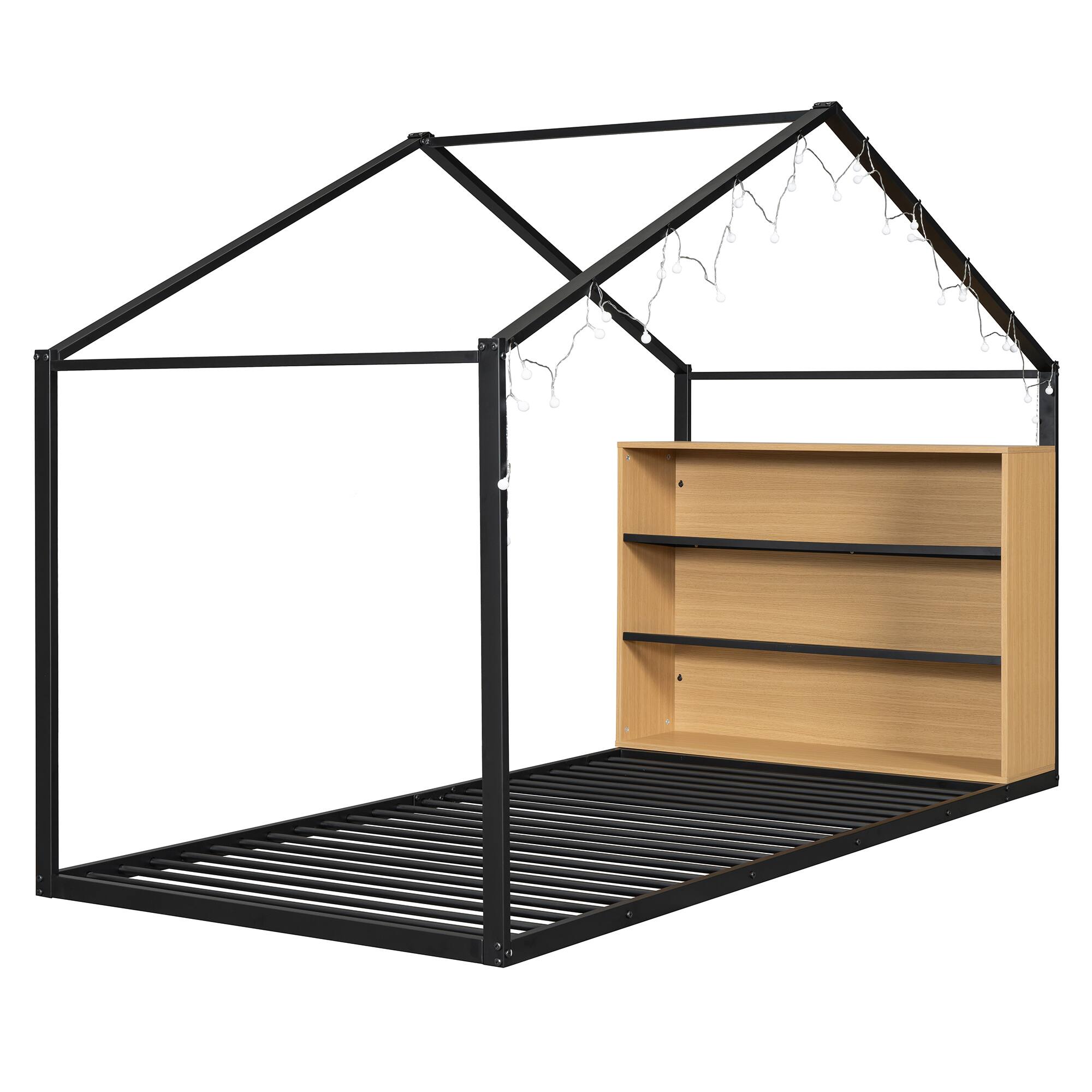 Alt View 4. GOODSILO - Twin Size Metal Bed House Bed Frame with Shelves and Lights - Black.