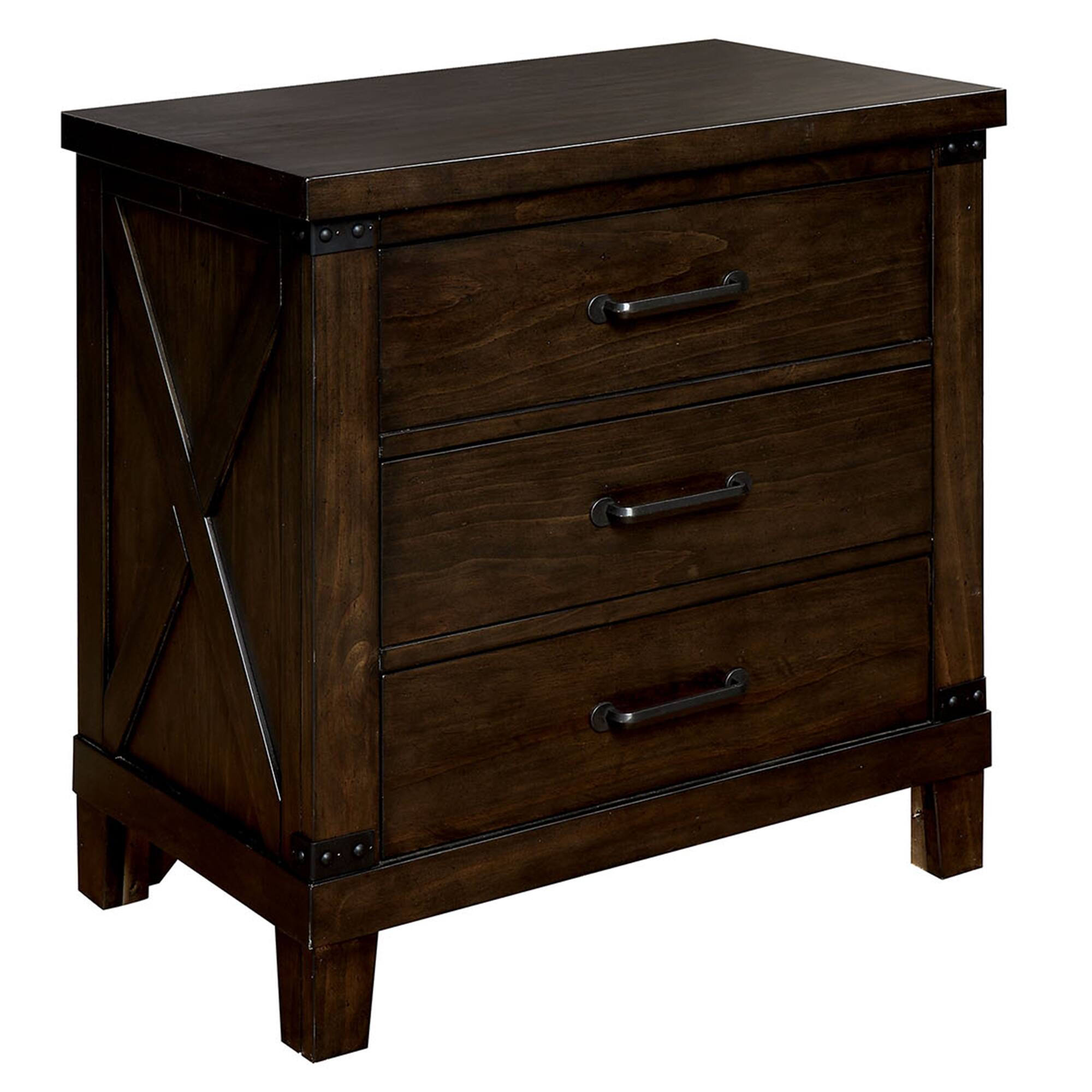 Manhattan Lane - Three Drawer Nightstand with Metal Handle And Crossed Planked Side Panels - Brown