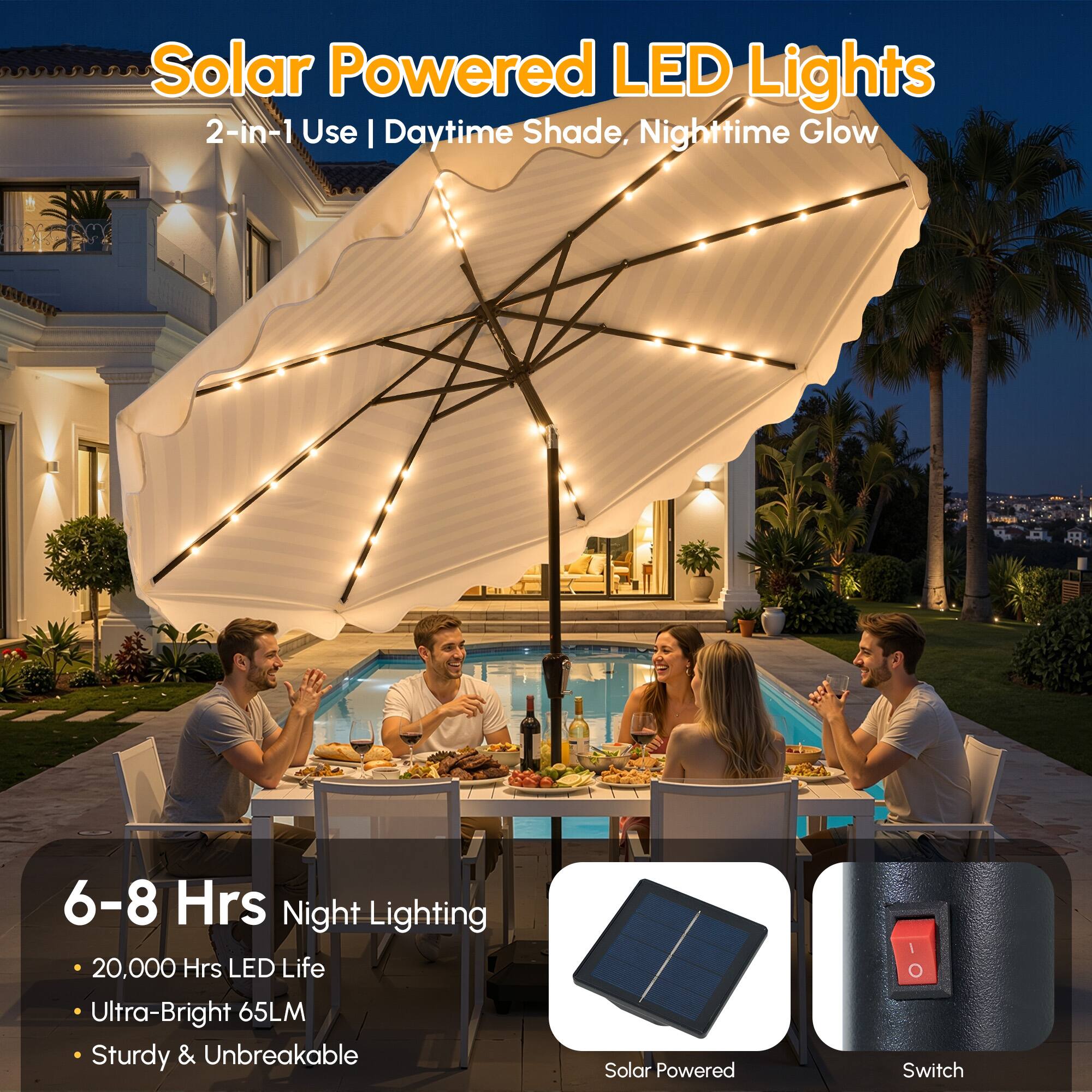 Solar Powered LED Lights  
2-in-1 Use | Daytime Shade, Nighttime Glow  

6-8 Hrs Night Lighting  
- 20,000 Hrs LED Life  
- Ultra-Bright 65LM  
- Sturdy & Unbreakable  

Solar Powered  
Switch