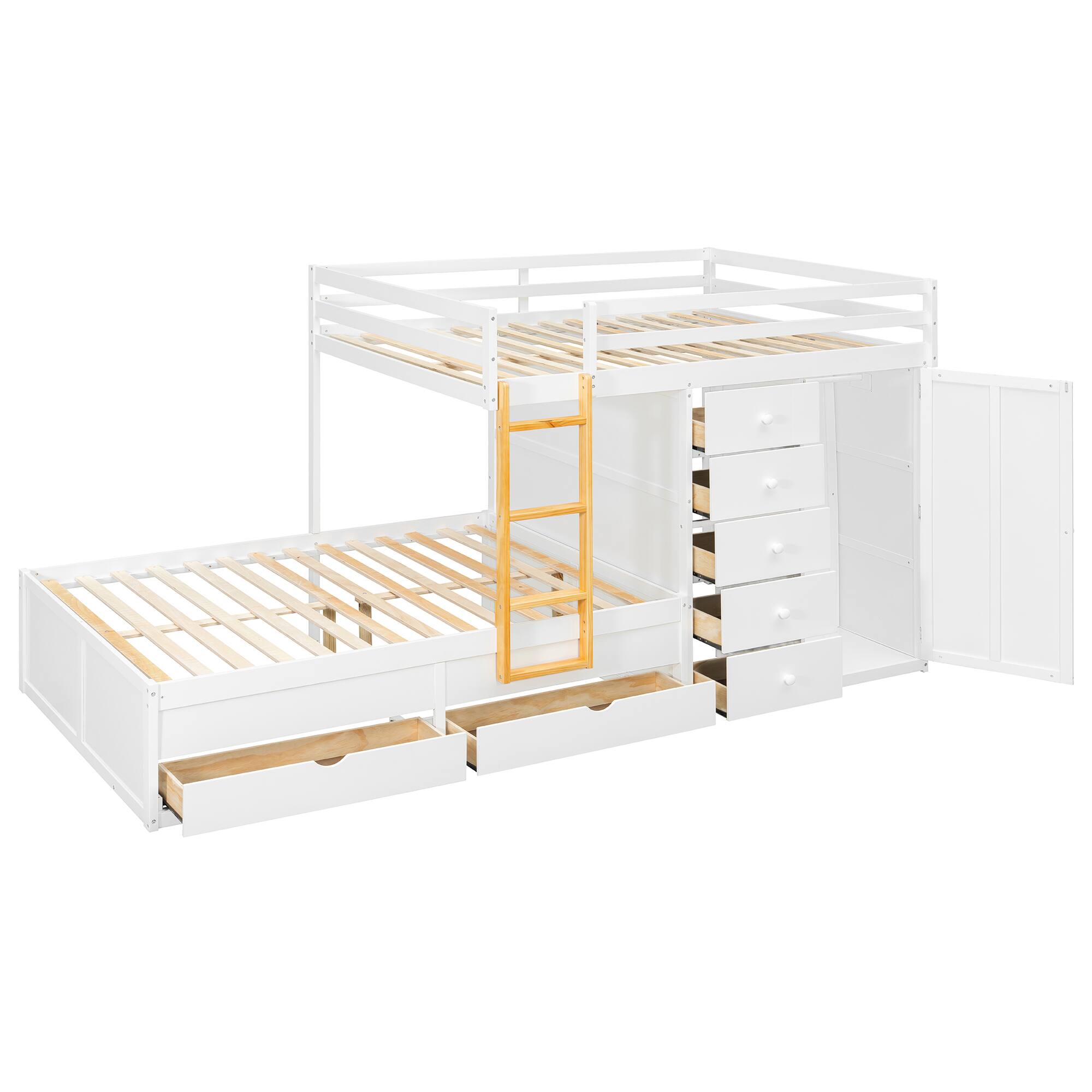 Back. Anysun - Full Size Bunk Bed with Multiple Drawers & Wardrobe - MDF & Solid Wood Construction, Modern Storage Design - White.
