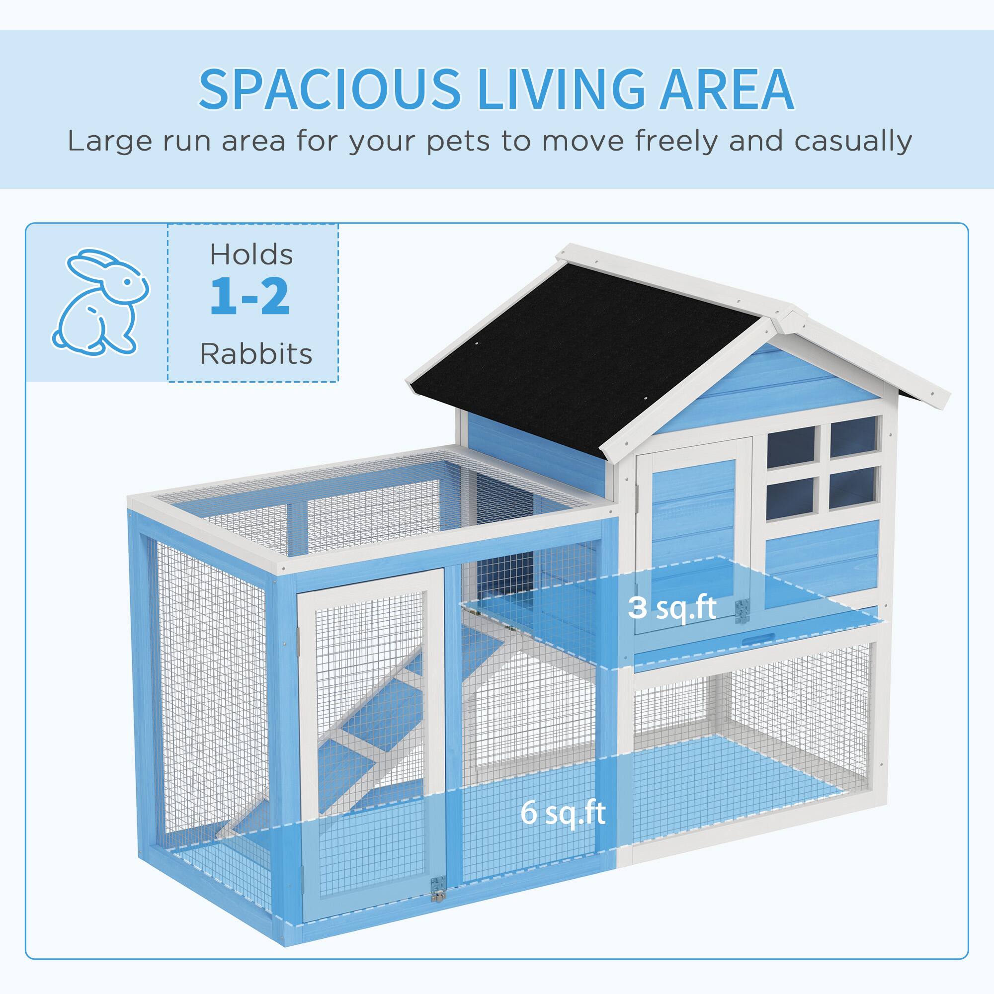 SPACIOUS LIVING AREA  
Large run area for your pets to move freely and casually  

Holds 1-2 Rabbits  

3 sq.ft  
6 sq.ft