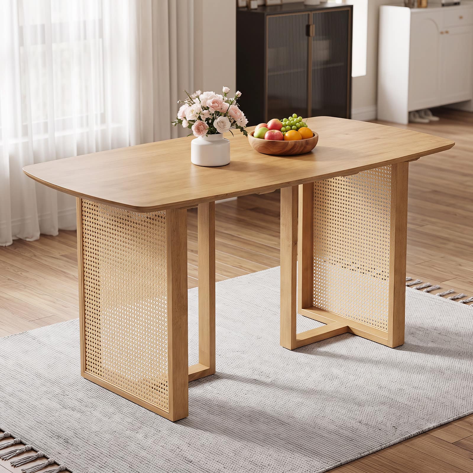 Costway - 55" Solid Rubber Wood Dining Table with T-shaped Legs Woven Rattan Details for Home - Natural