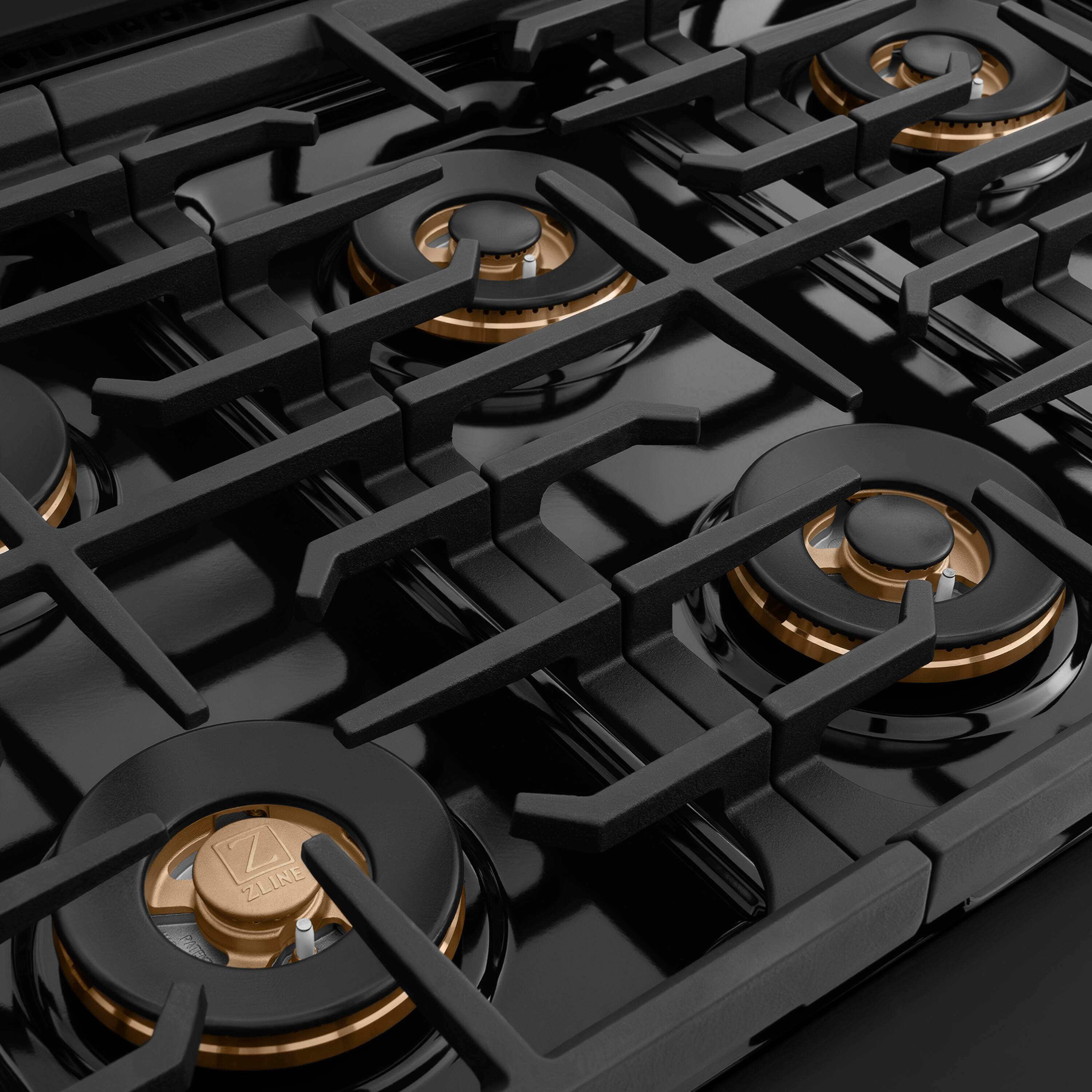 Alt View 6. ZLINE - Autograph 36 in. 5.2 Cu. Ft. Freestanding Paramount DuoPro Gas Range in Black Steel with Polished Gold Helix Handles - Black Stainless Steel.