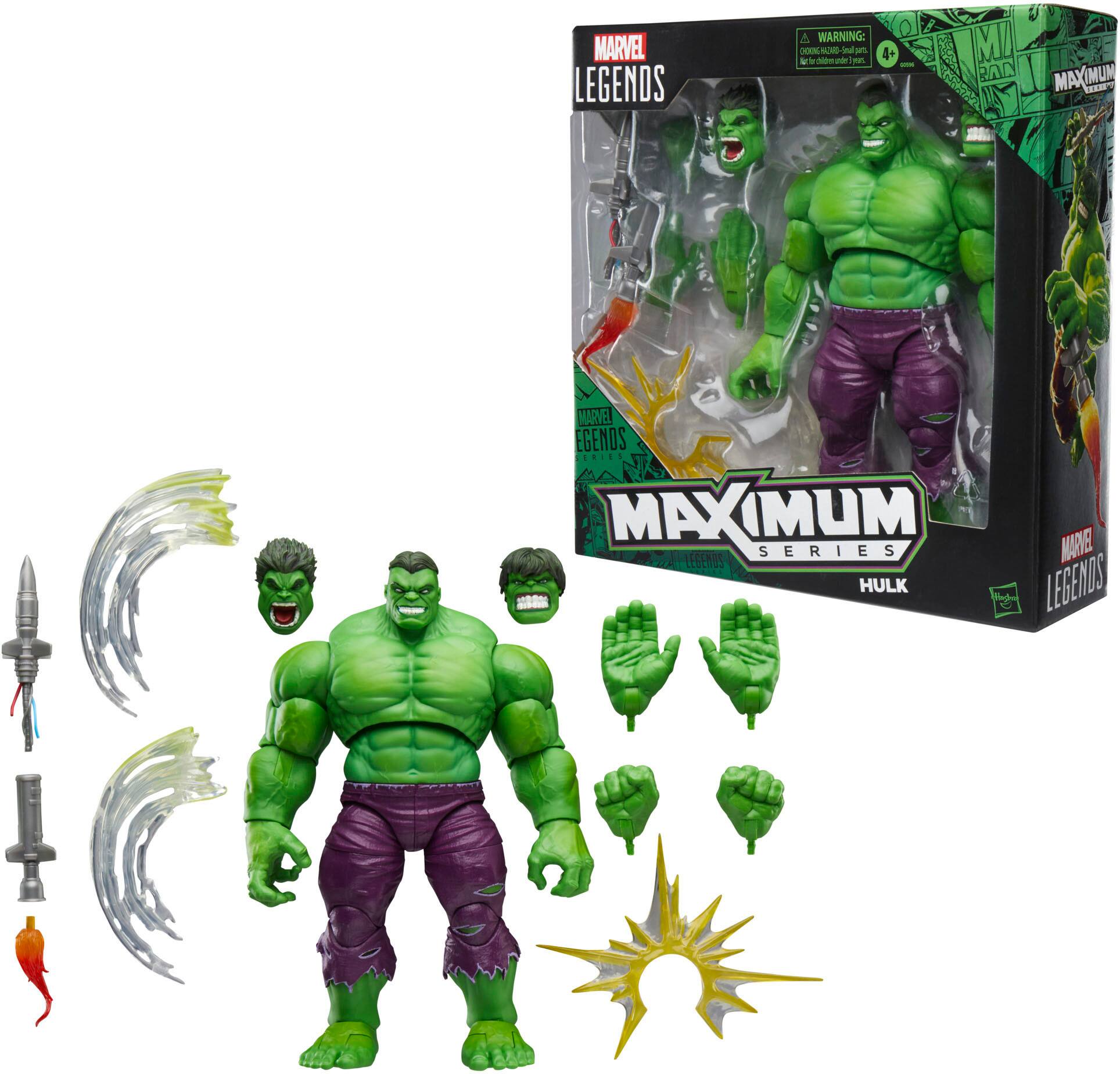 The image features a Marvel Legends action figure of the Hulk, which is part of the Maximum Series. The figure is displayed in a box along with several accessories, including a sword, a shield, and a hand. The Hulk figure is the main focus of the image, and it is surrounded by the various accessories that come with the action figure.