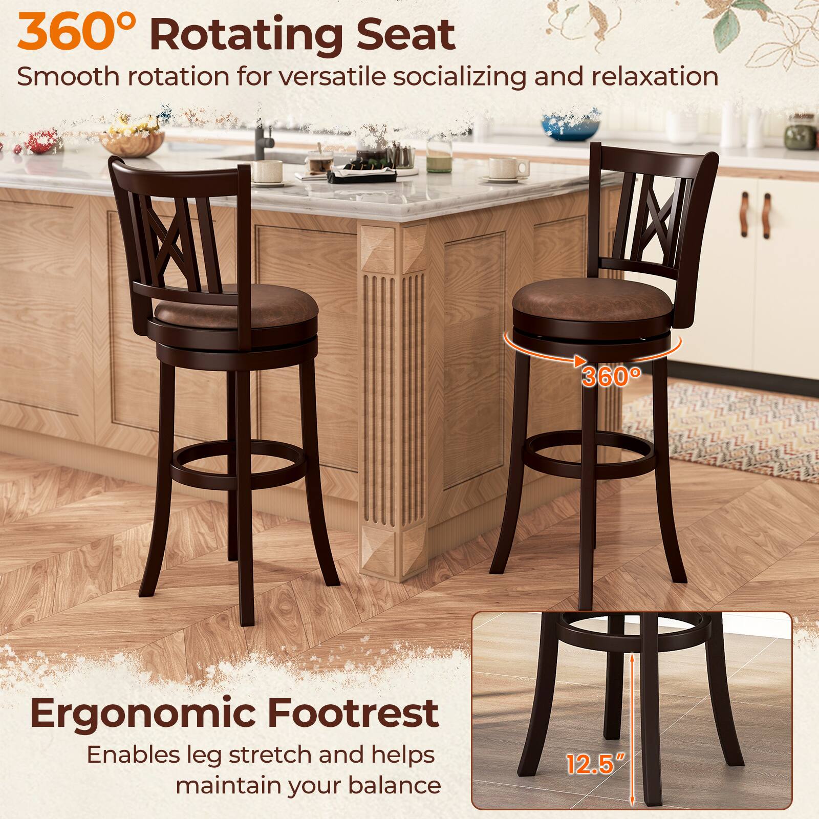 360° Rotating Seat: Smooth rotation for versatile socializing and relaxation.

360° Ergonomic Footrest: Enables leg stretch and helps maintain your balance.

12.5"