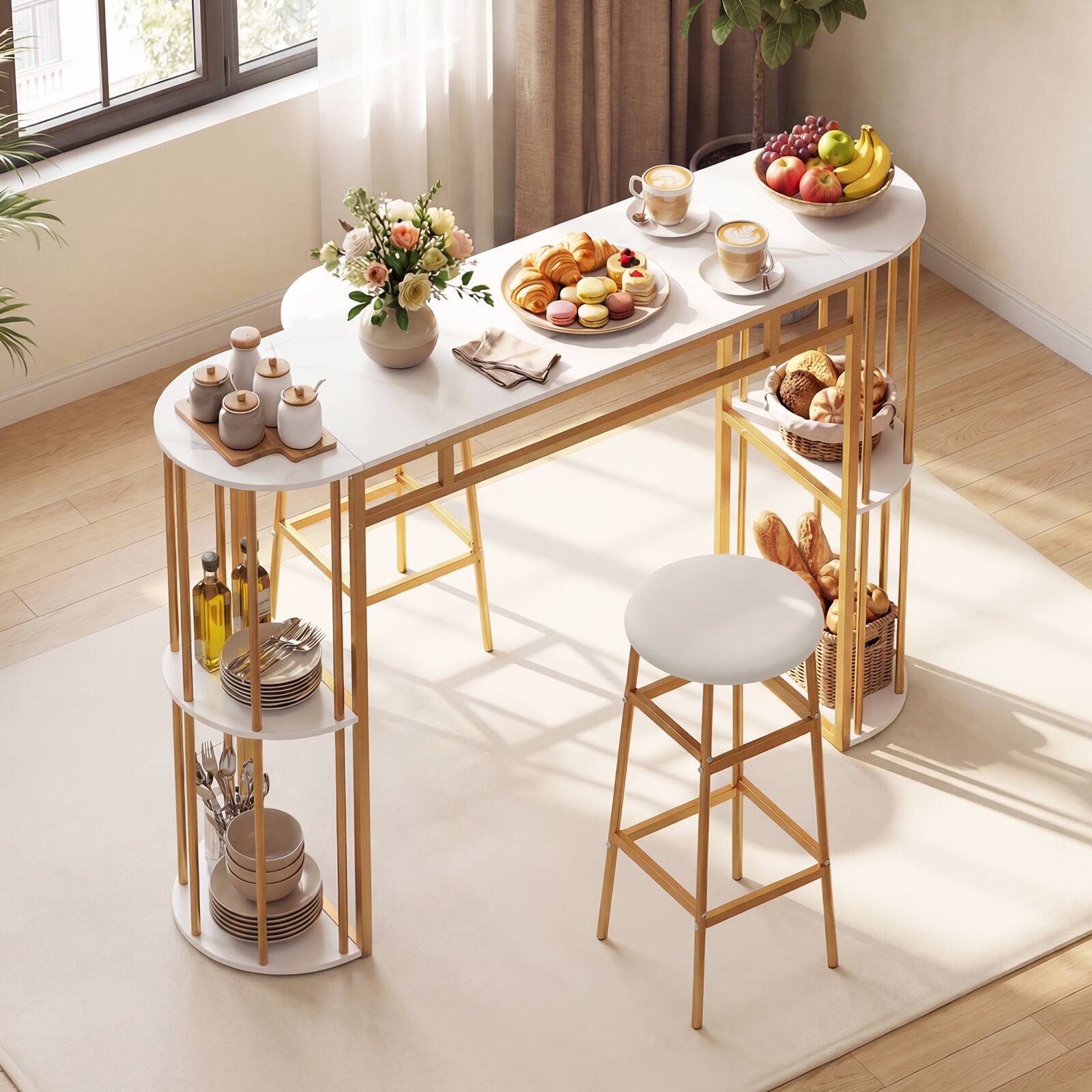 Alt View 1. Gymax - Gymax 3 Pieces 60'' Bar Table Set for 2 w/ Faux Marble Tabletop & Storage Shelves - Golden.