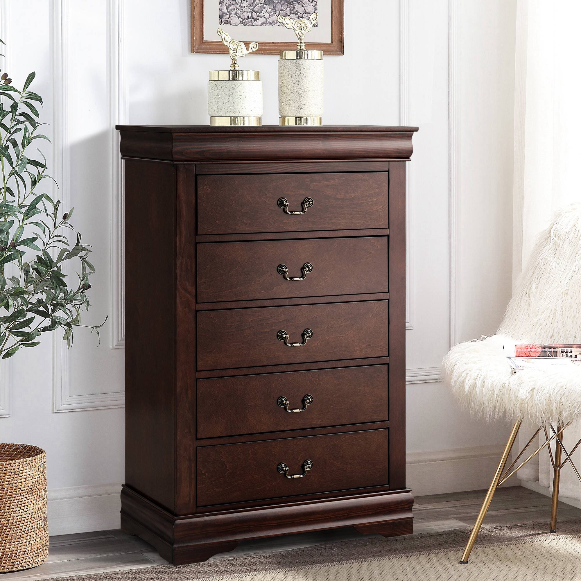 Left. Vaczon - Solid Wood 5-Drawer Bedroom Dresser, English Dovetail Chest of Drawers for Clothes and Home Storage - Cherry.