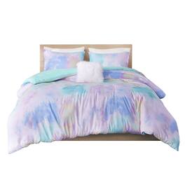 Gracie Mills - Orion Dreamscape Watercolor Tie Dye Comforter Set with Cozy Throw Pillow - Aqua