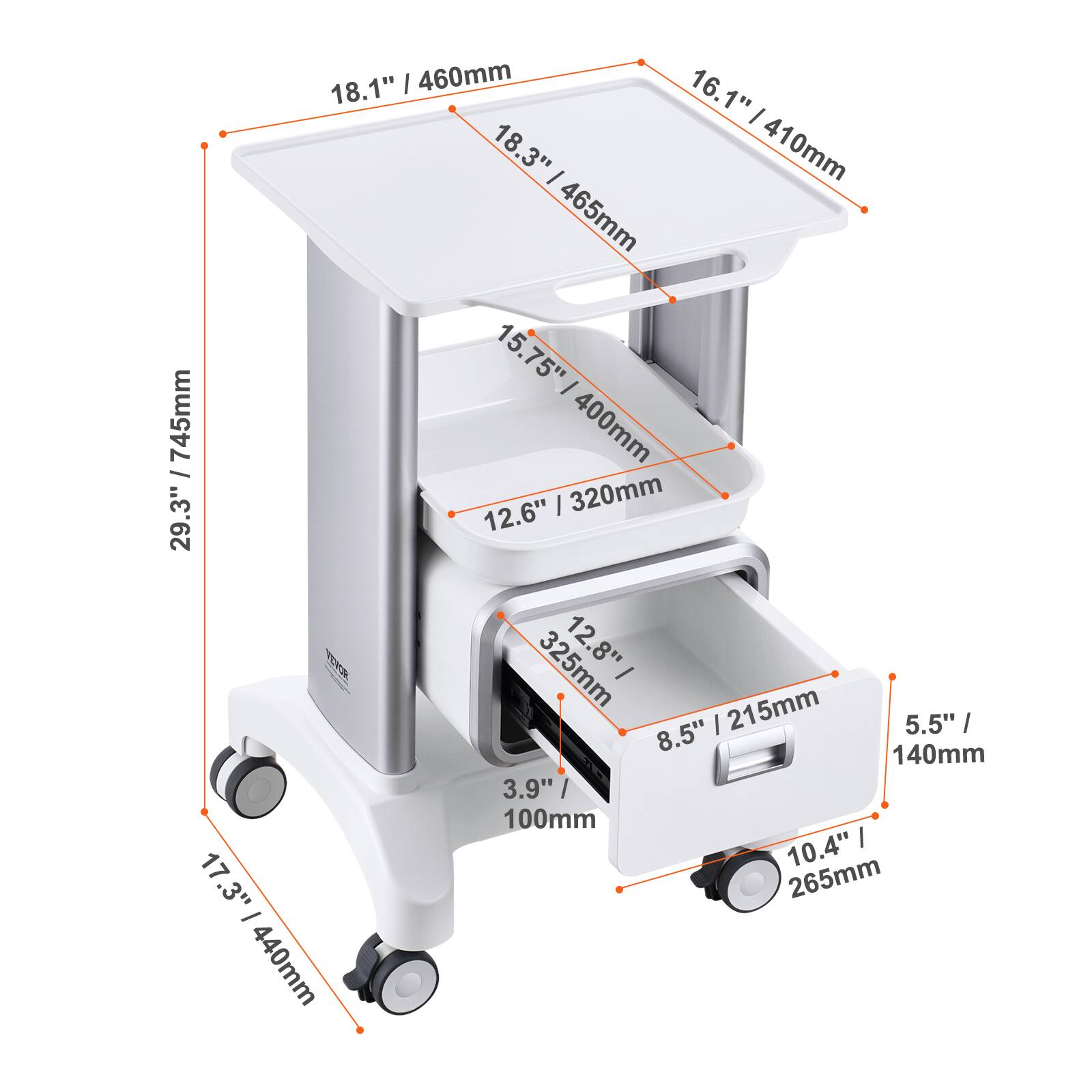 18.1" / 460mm
16.1" / 410mm
18.3" / 465mm
15.75" / 320mm
29.3" / 745mm
12.6" / 325mm
12.8" / 215mm
5.5" / 140mm
3.9" / 100mm
10.4" / 265mm
17.3" / 440mm