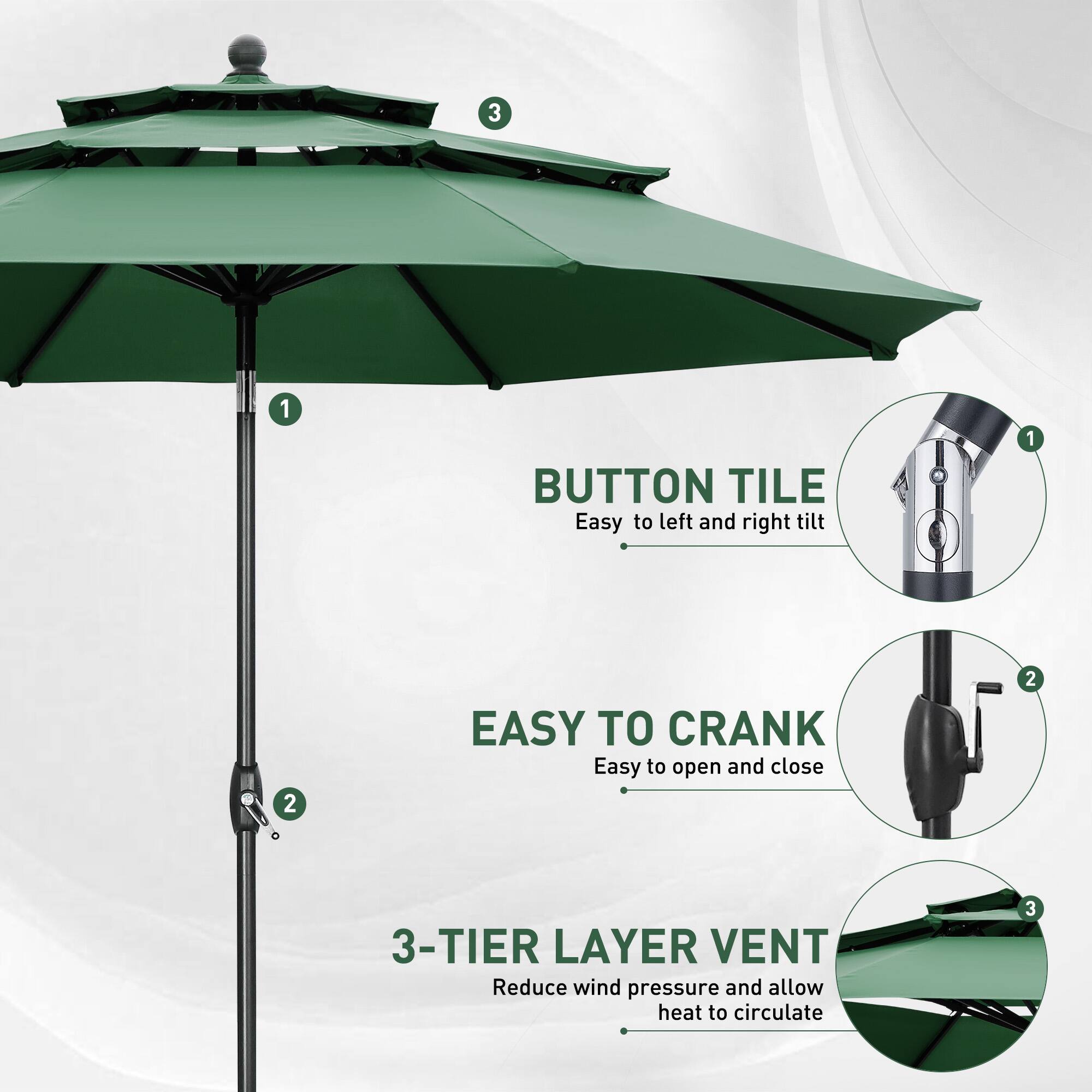 1. BUTTON TILE  
   Easy to left and right tilt

2. EASY TO CRANK  
   Easy to open and close

3. 3-TIER LAYER VENT  
   Reduce wind pressure and allow heat to circulate